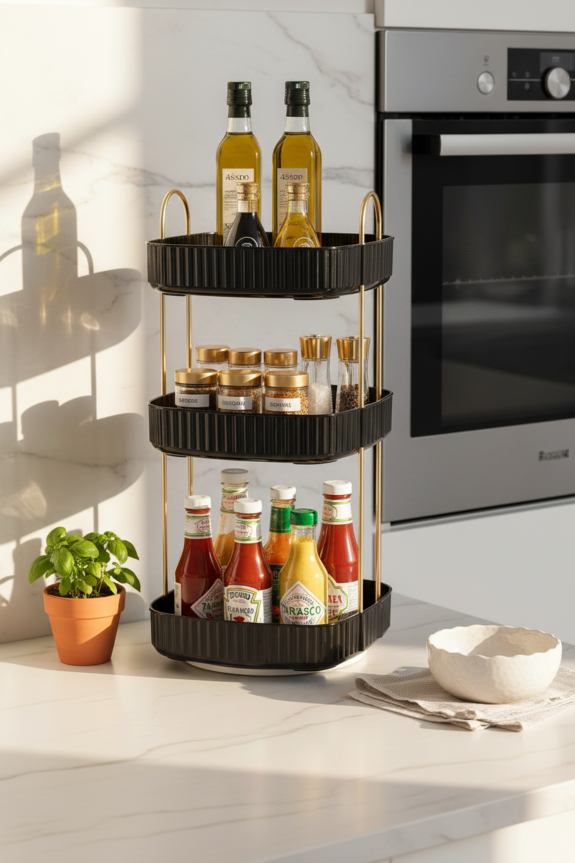 Three Tier Square Rotating Makeup Organiser - Black