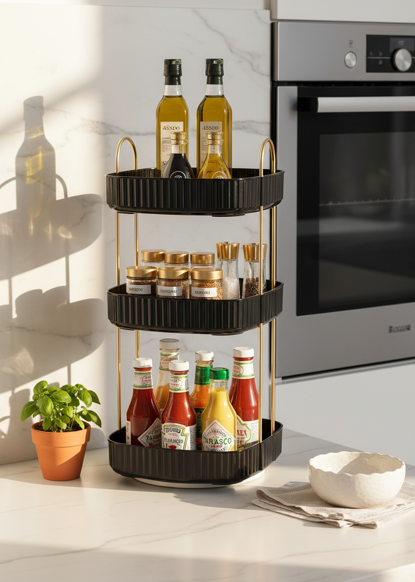 Three Tier Square Rotating Makeup Organiser - Black