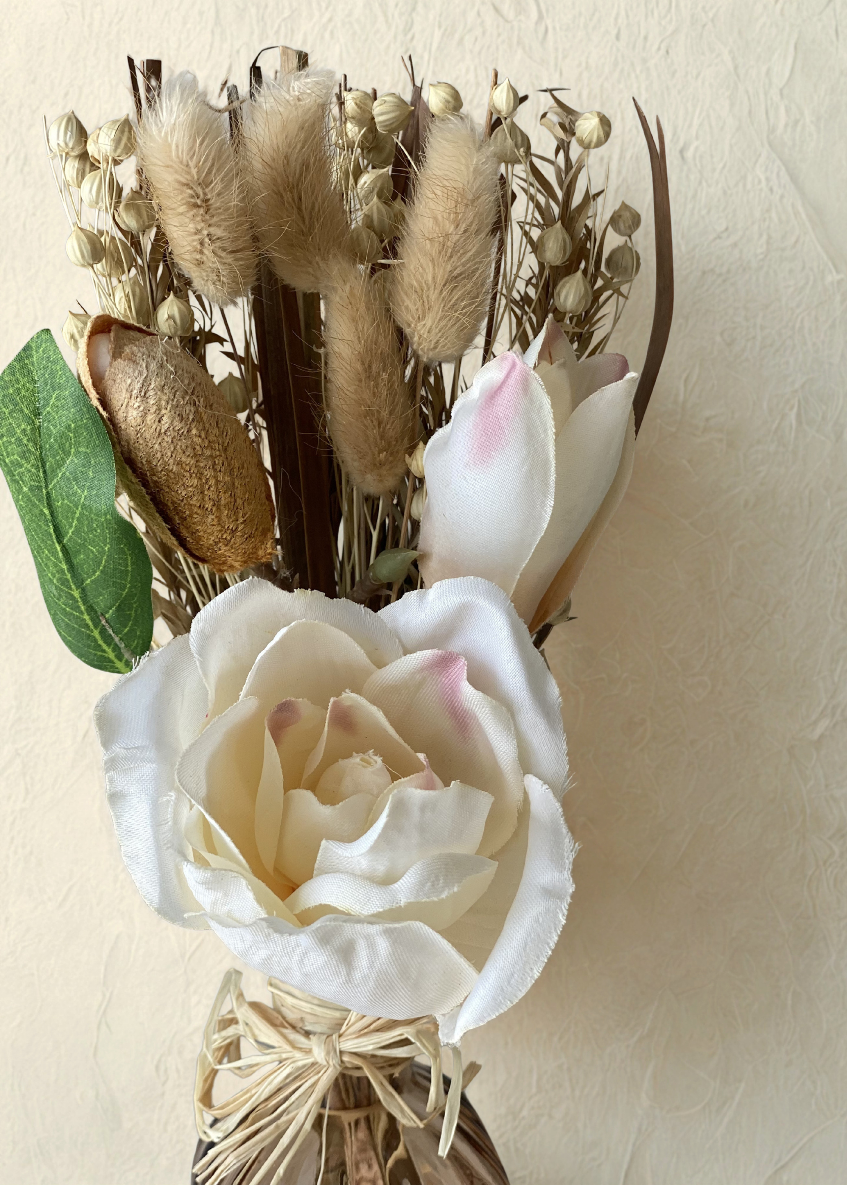 Artificial Dried Floral Bunch with Vase - Beige & Ivory