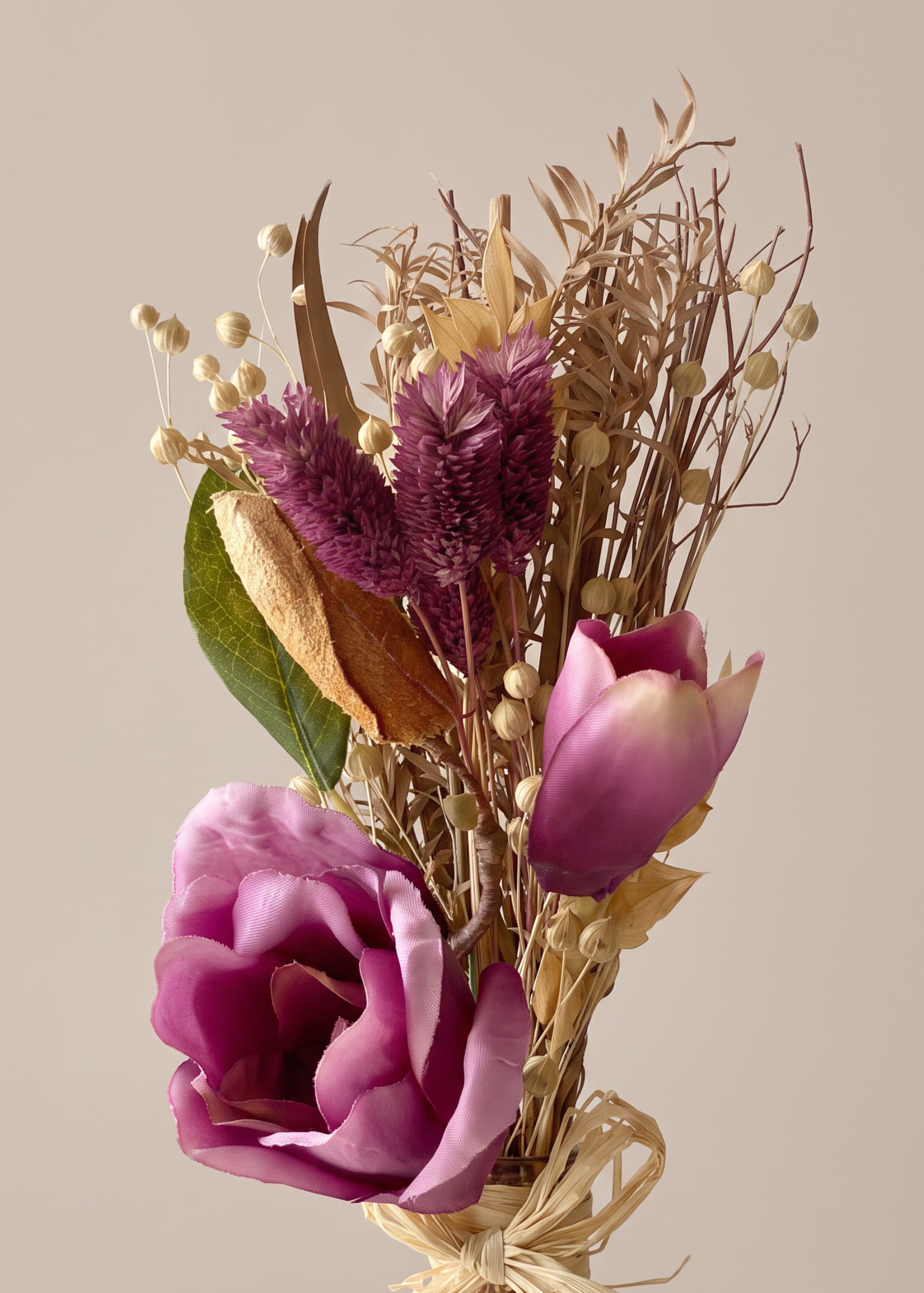 Artificial Dried Floral Bunch with Vase - Beige & Pink