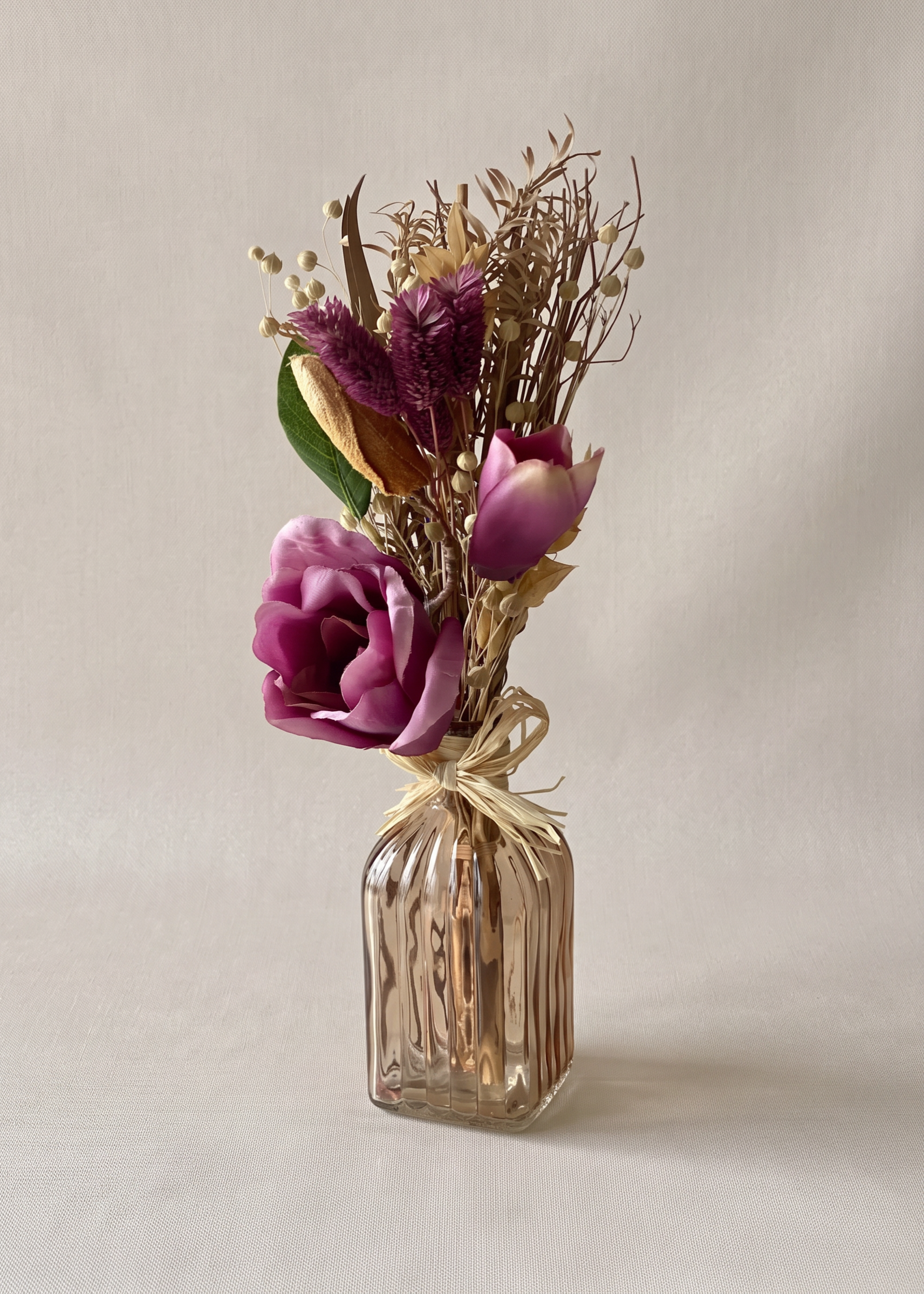 Artificial Dried Floral Bunch with Vase - Beige & Pink