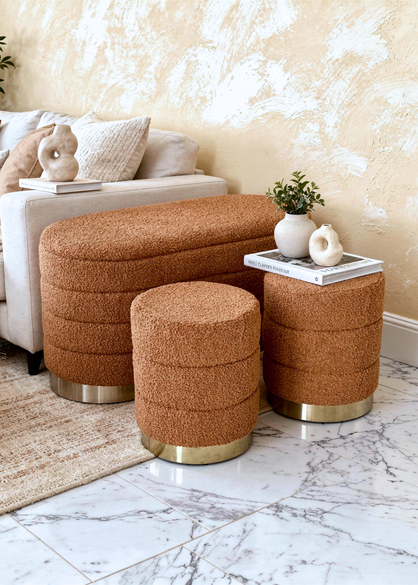 Cloud Boucle Storage Pouffe Set - Tan