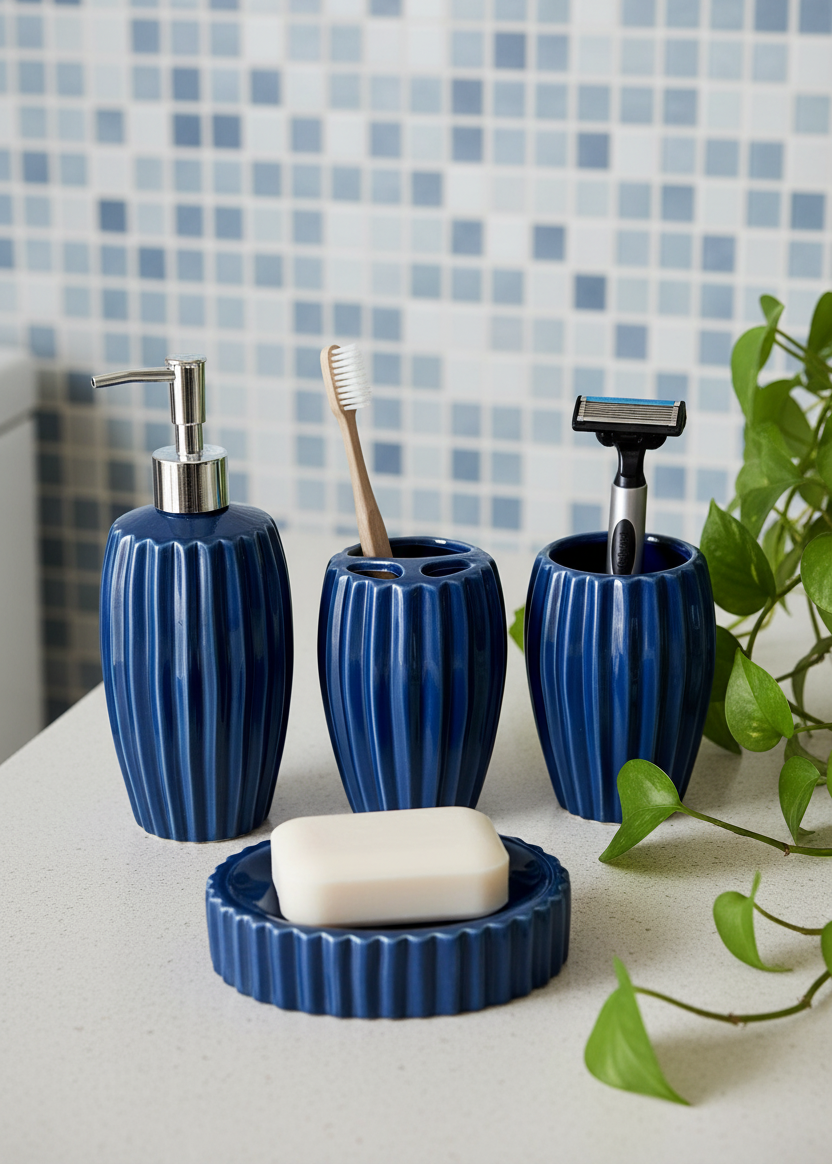 Ribbed Ceramic Bathroom Set - Blue
