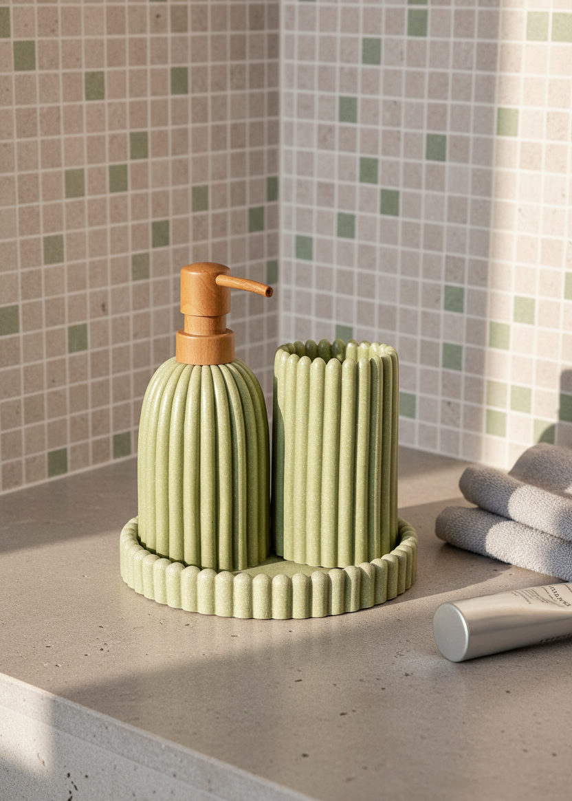Terra Ribbed Bathroom Set - Set of 3 (Green)