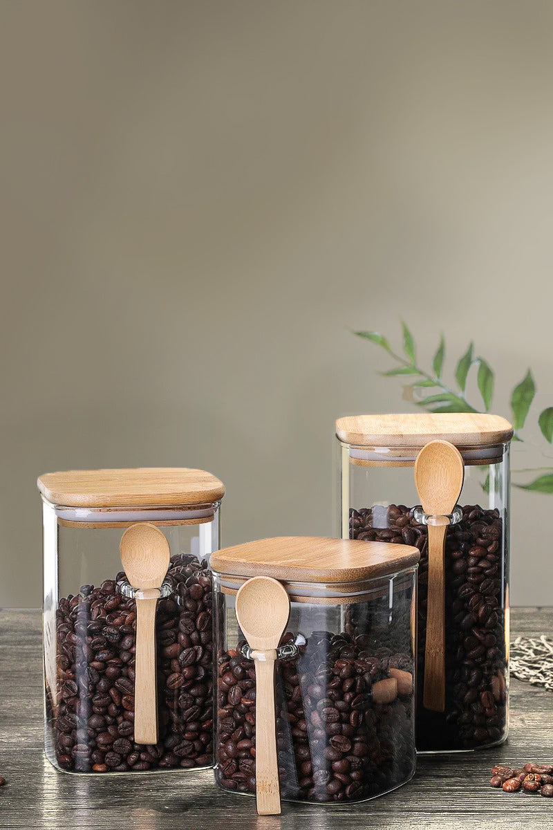 Buy Square Glass Jars with Wood Lids Set of (3) 950 ml Airtight and  Stackable Storage Containers Online at Best Prices in India - JioMart.