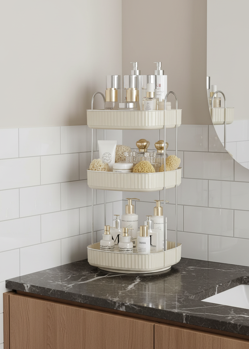 Three Tier Square Rotating Makeup Organiser - Cream