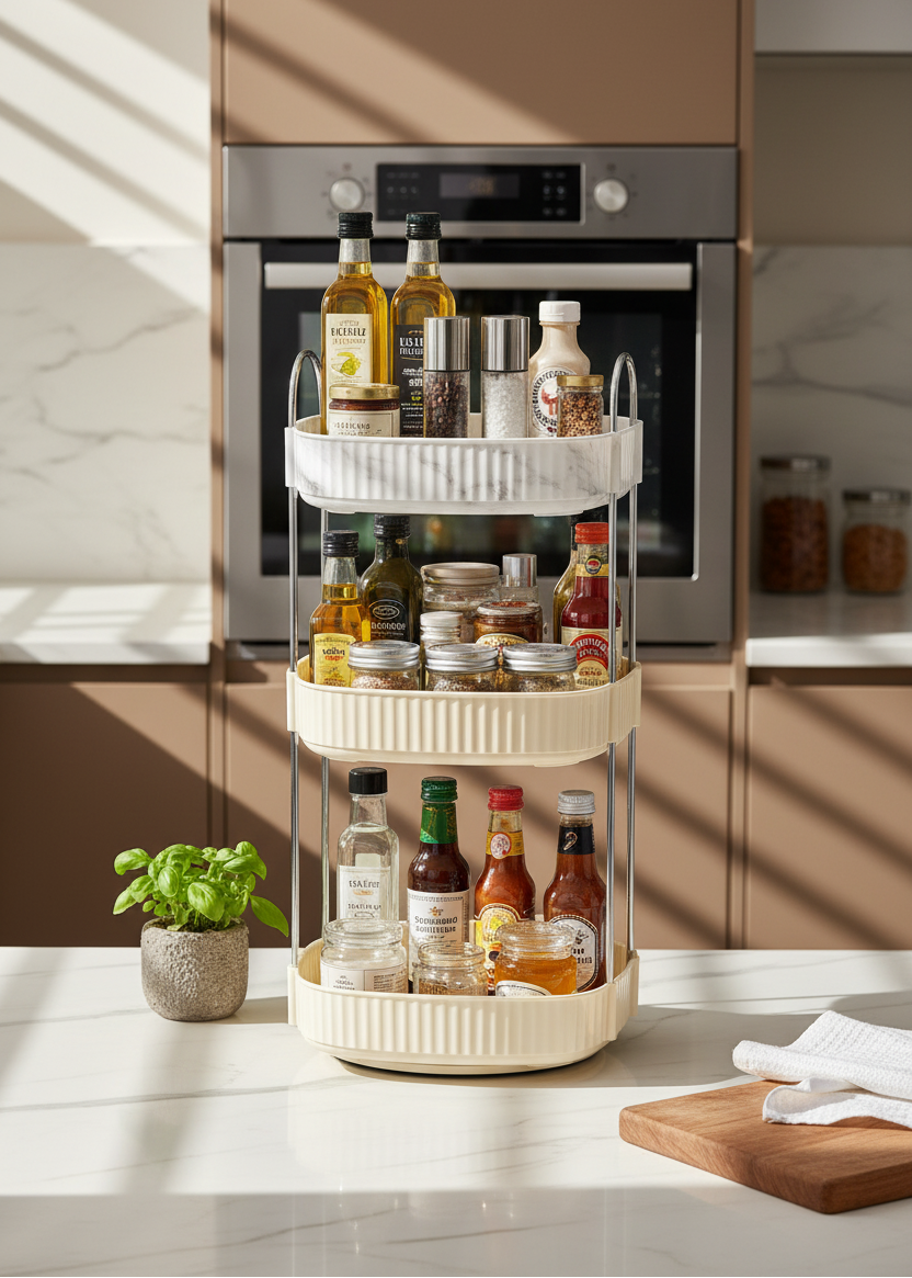 Three Tier Square Rotating Makeup Organiser - Cream