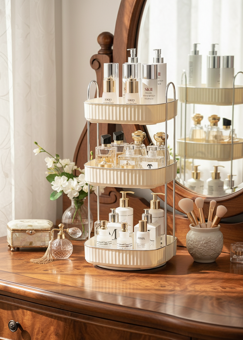 Three Tier Square Rotating Makeup Organiser - Cream