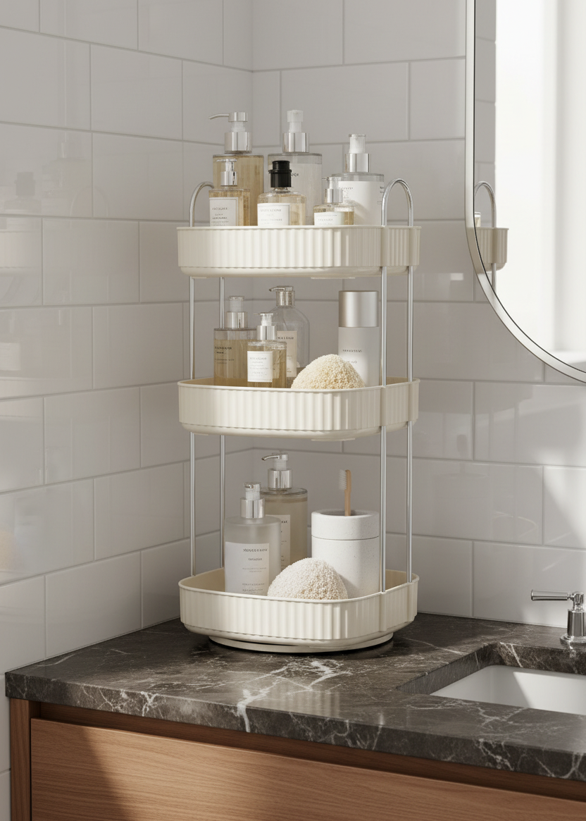 Three Tier Square Rotating Makeup Organiser - Cream