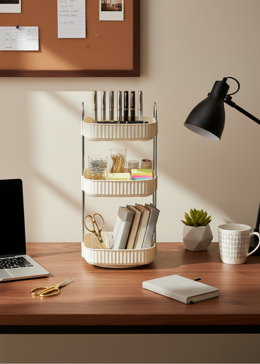 Three Tier Square Rotating Makeup Organiser - Cream