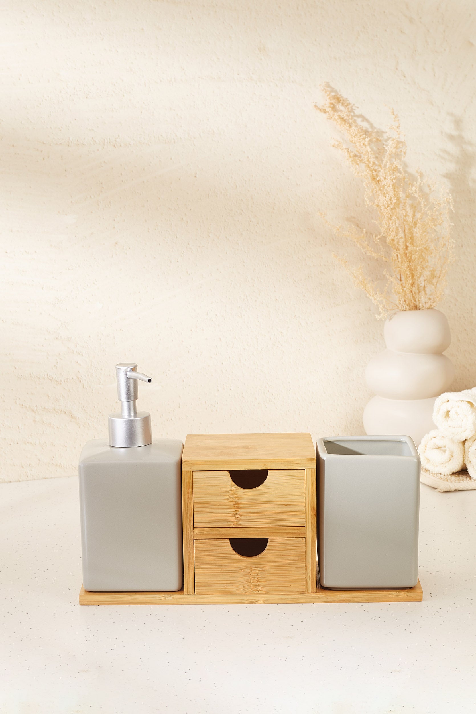 Grey Nagatoro Ceramic Bathroom Set Bamboo Drawers