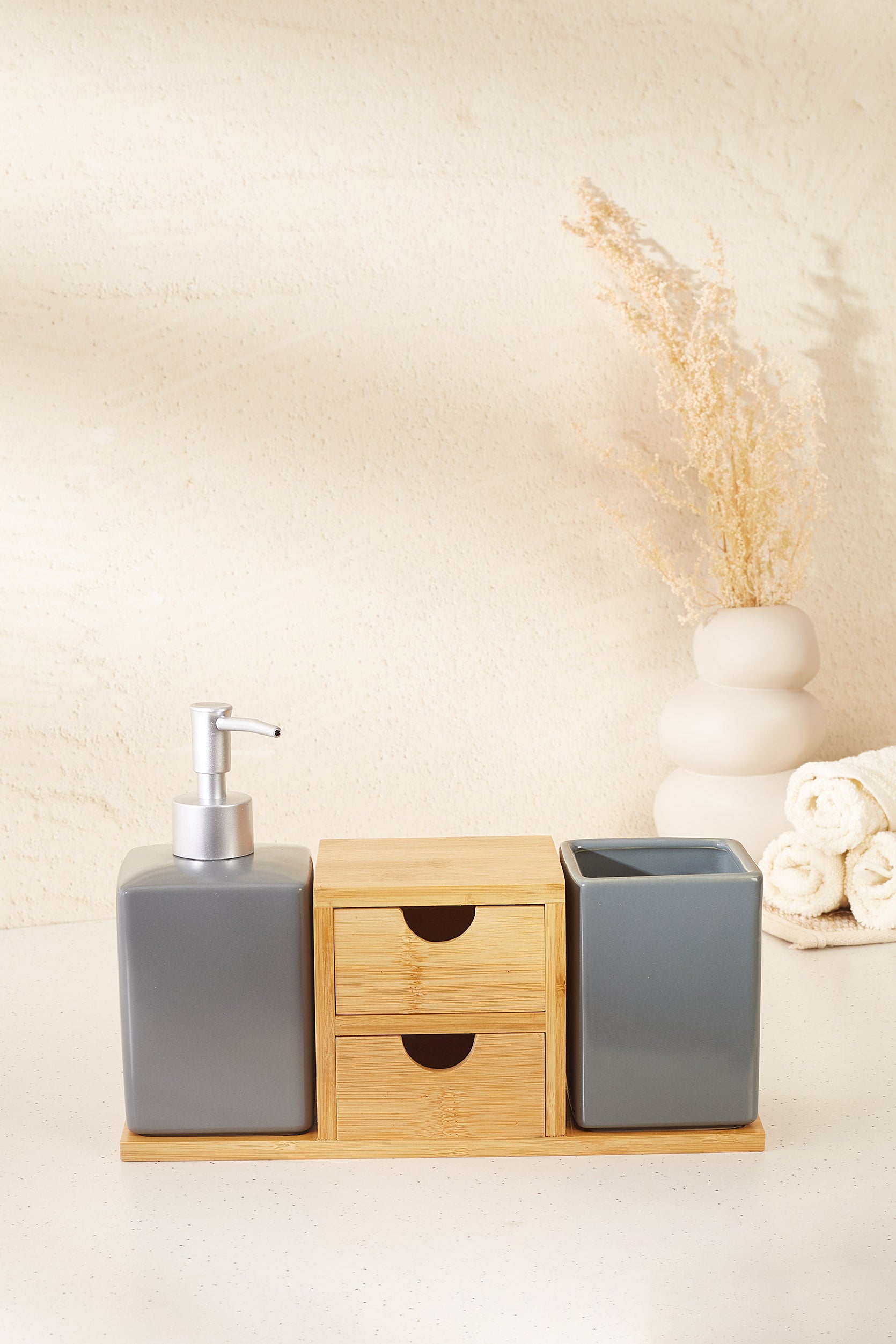 Grey Nagatoro Ceramic Bathroom Set Bamboo Drawers