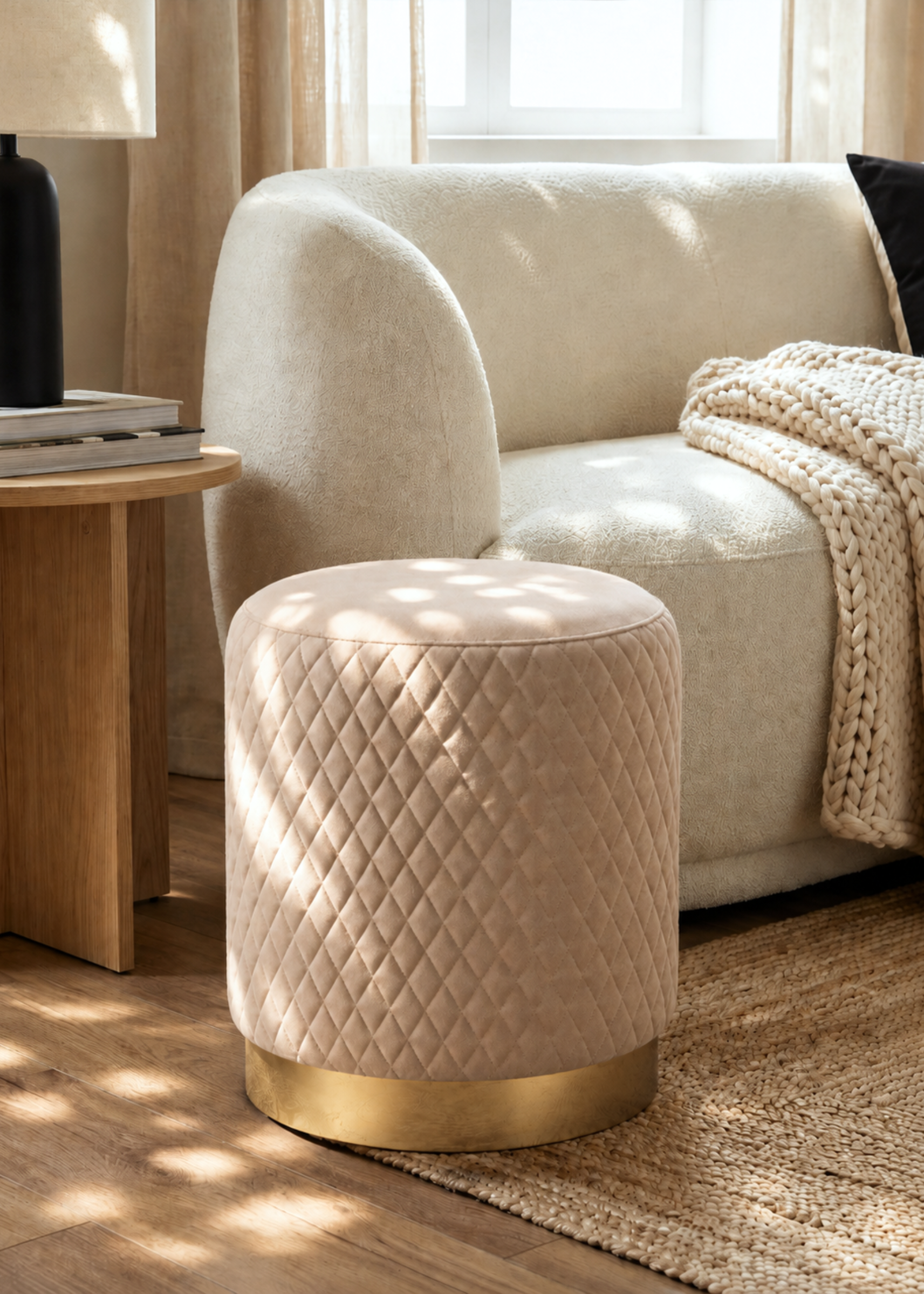 Alexandria Quilted Beige Velvet Pouffe