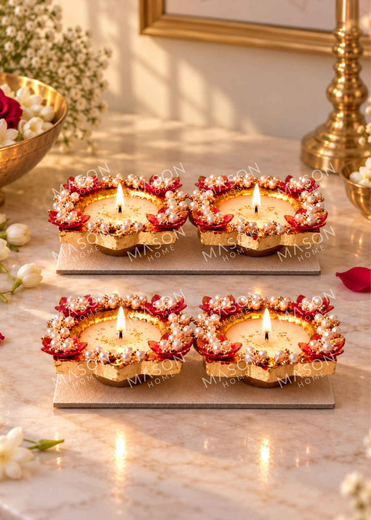 Handmade Clay Rustic Blossom Diya Red - Set of 4