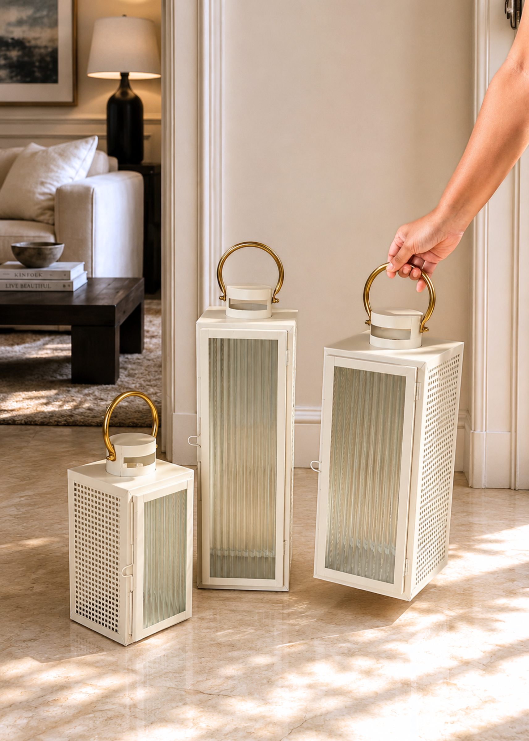 Vellora Beige & Gold Lantern - Large