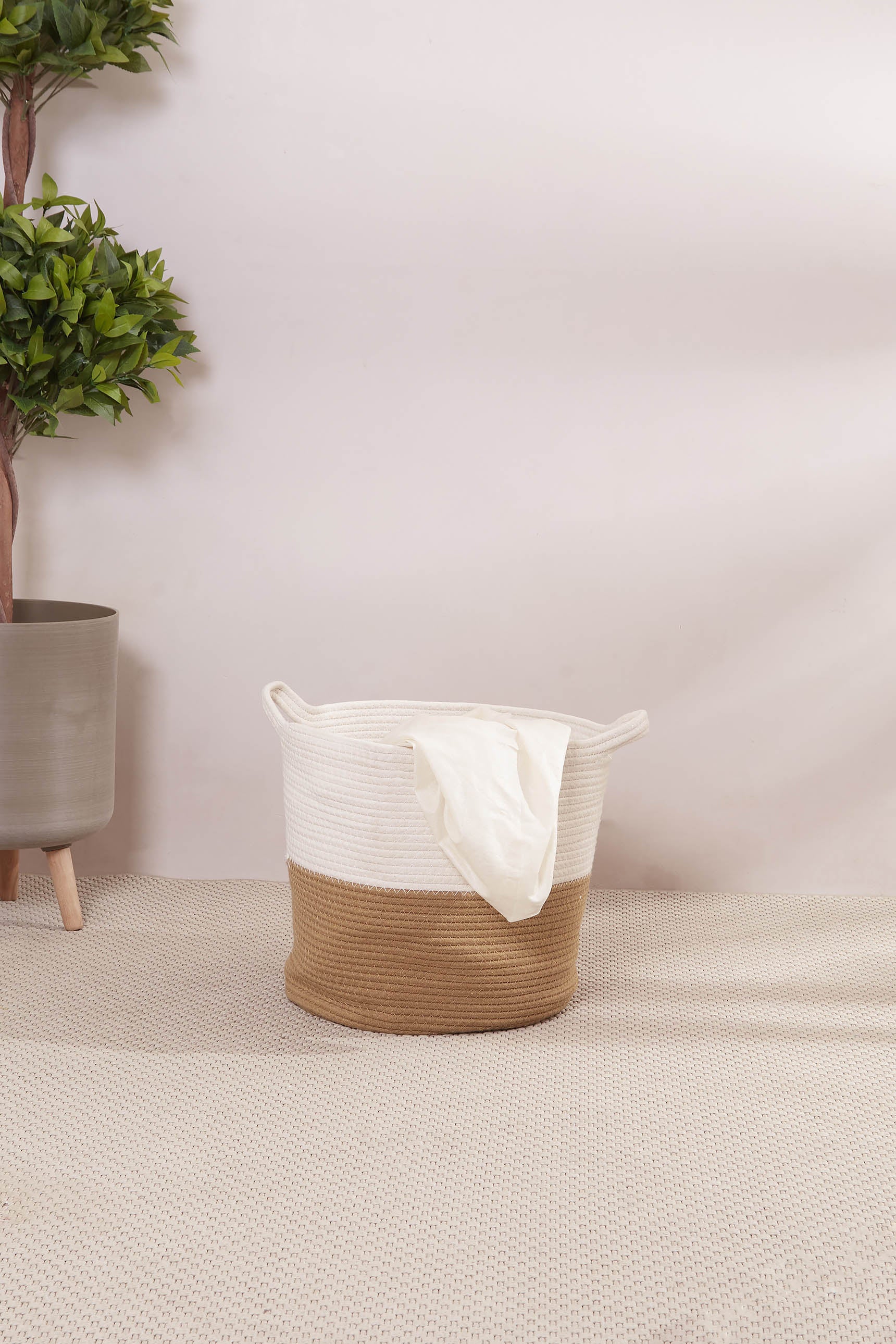Beige & White Cotton Laundry Basket