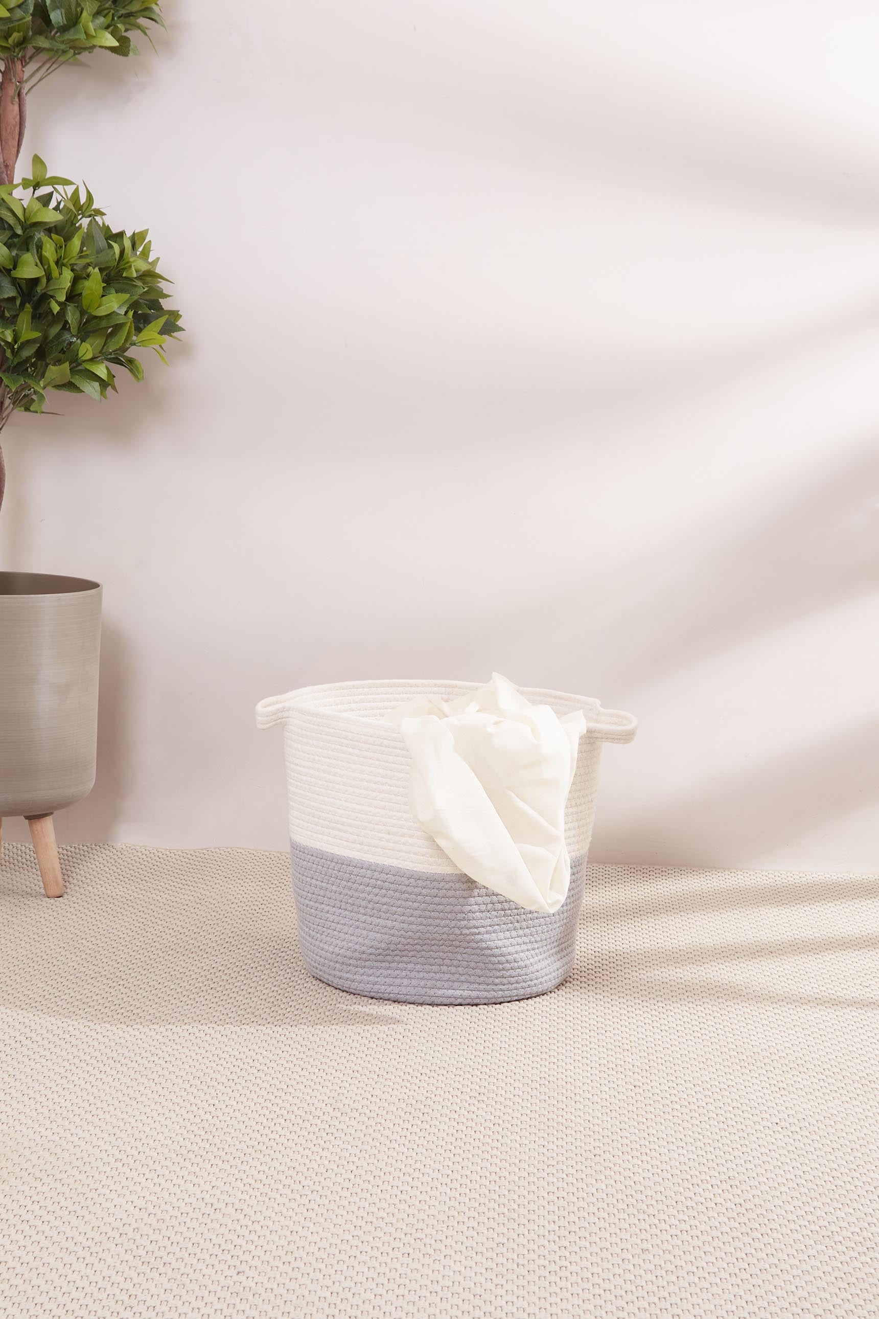 Grey & White Cotton Laundry Basket
