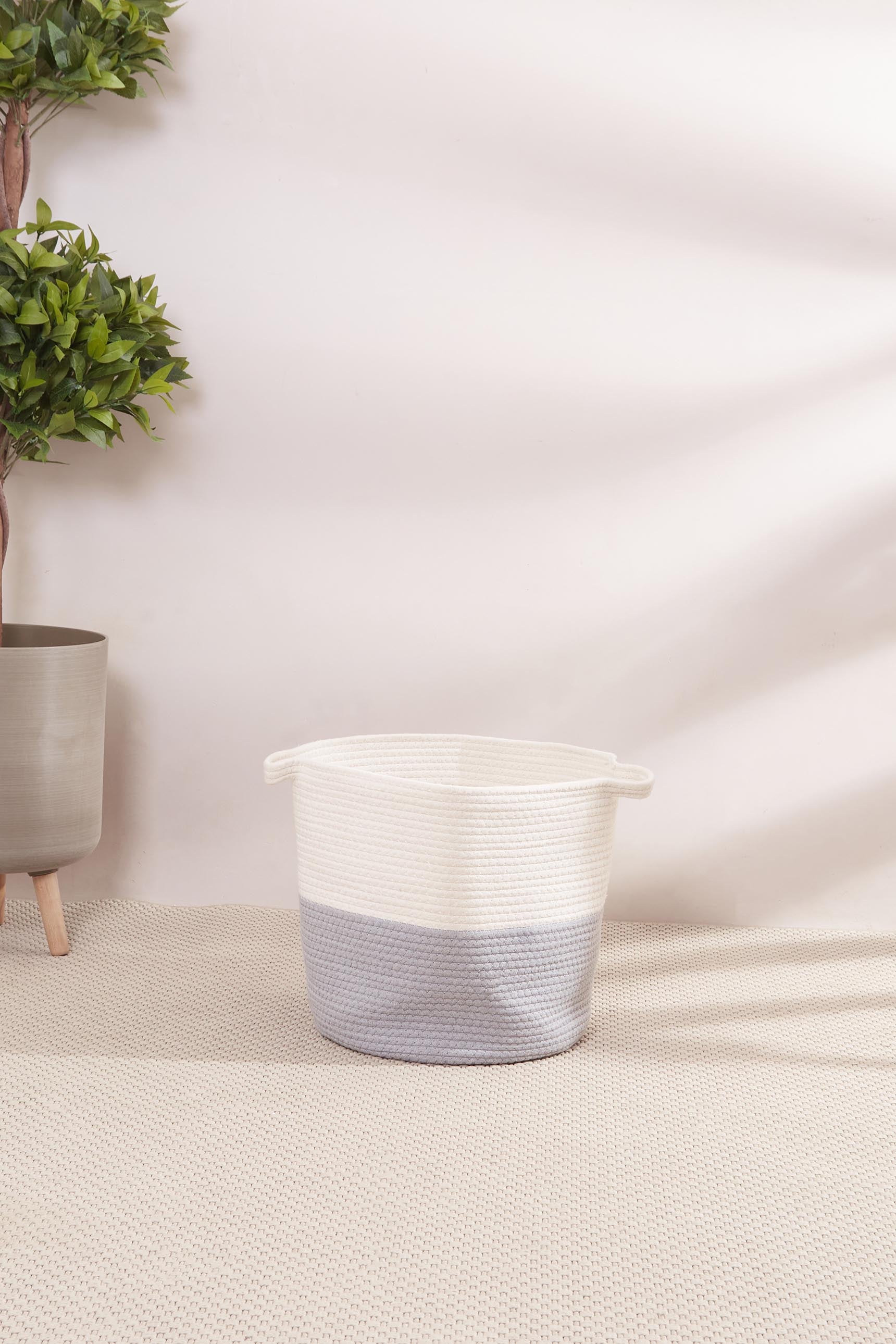 Grey & White Cotton Laundry Basket
