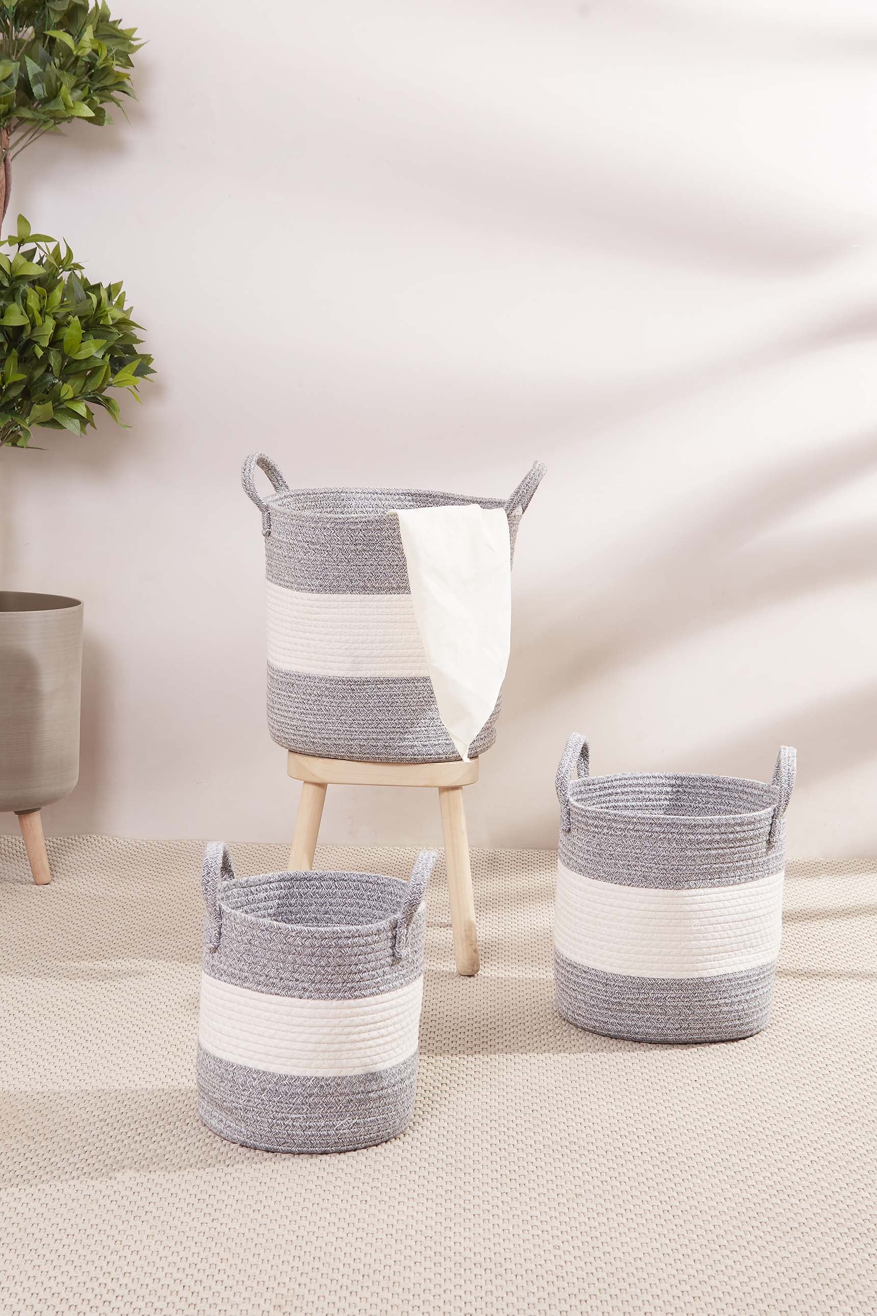 Cotton Grey & White Basket - Set Of 3