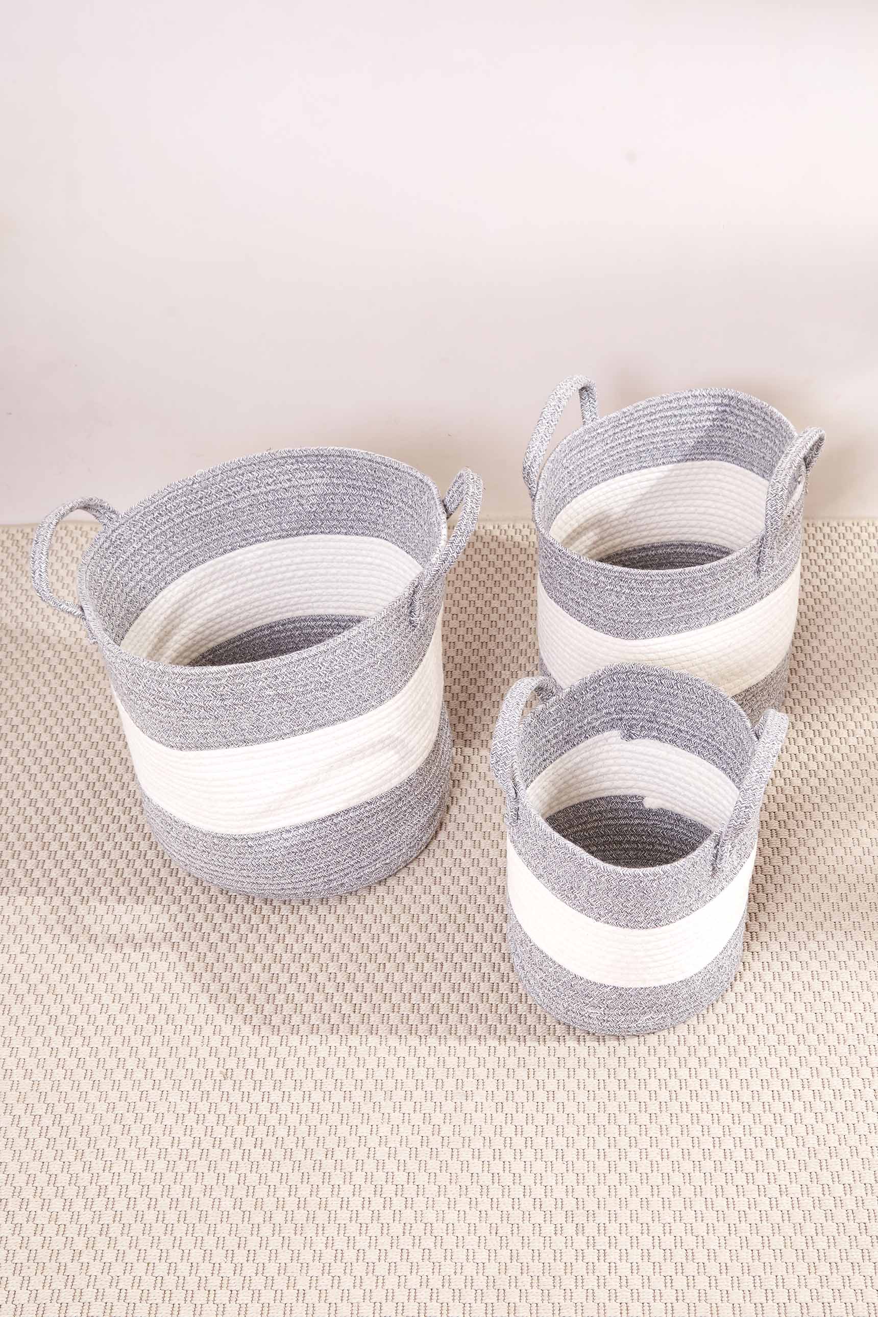 Cotton Grey & White Basket - Set Of 3
