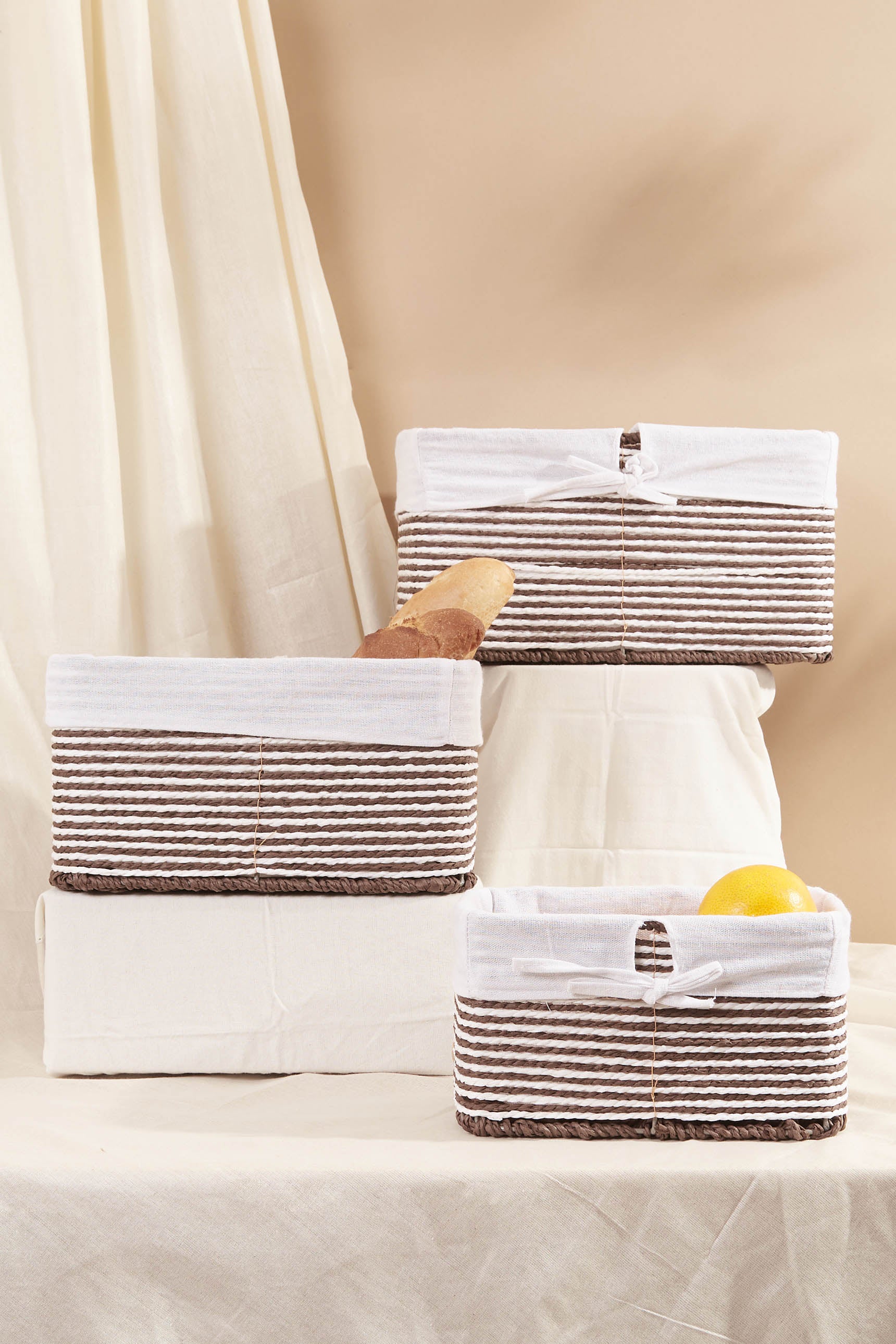 Brown & White Square Basket With Cloth - Set Of 3