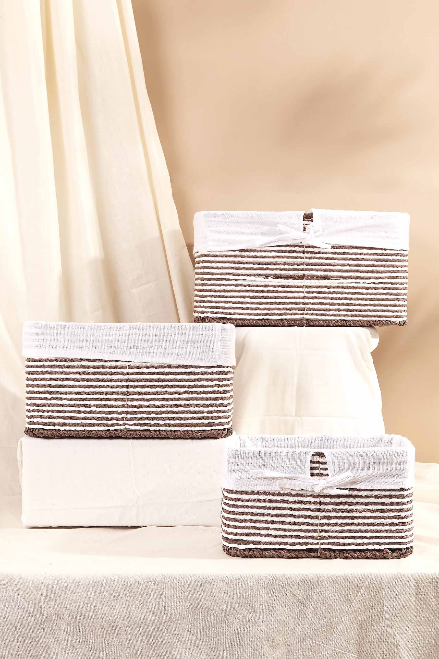 Brown & White Square Basket With Cloth - Set Of 3