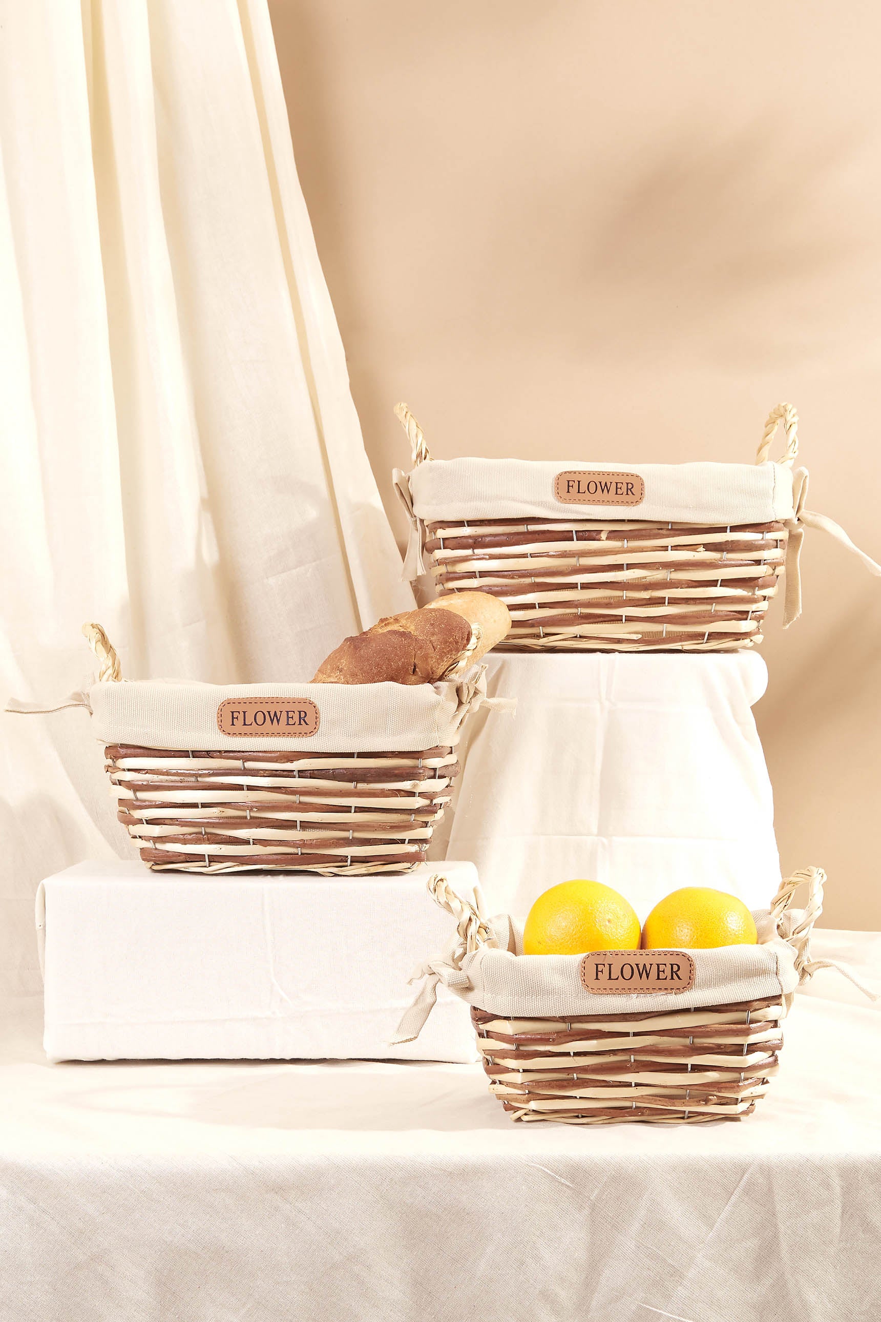 Brown & White Bread Basket - Set Of 3