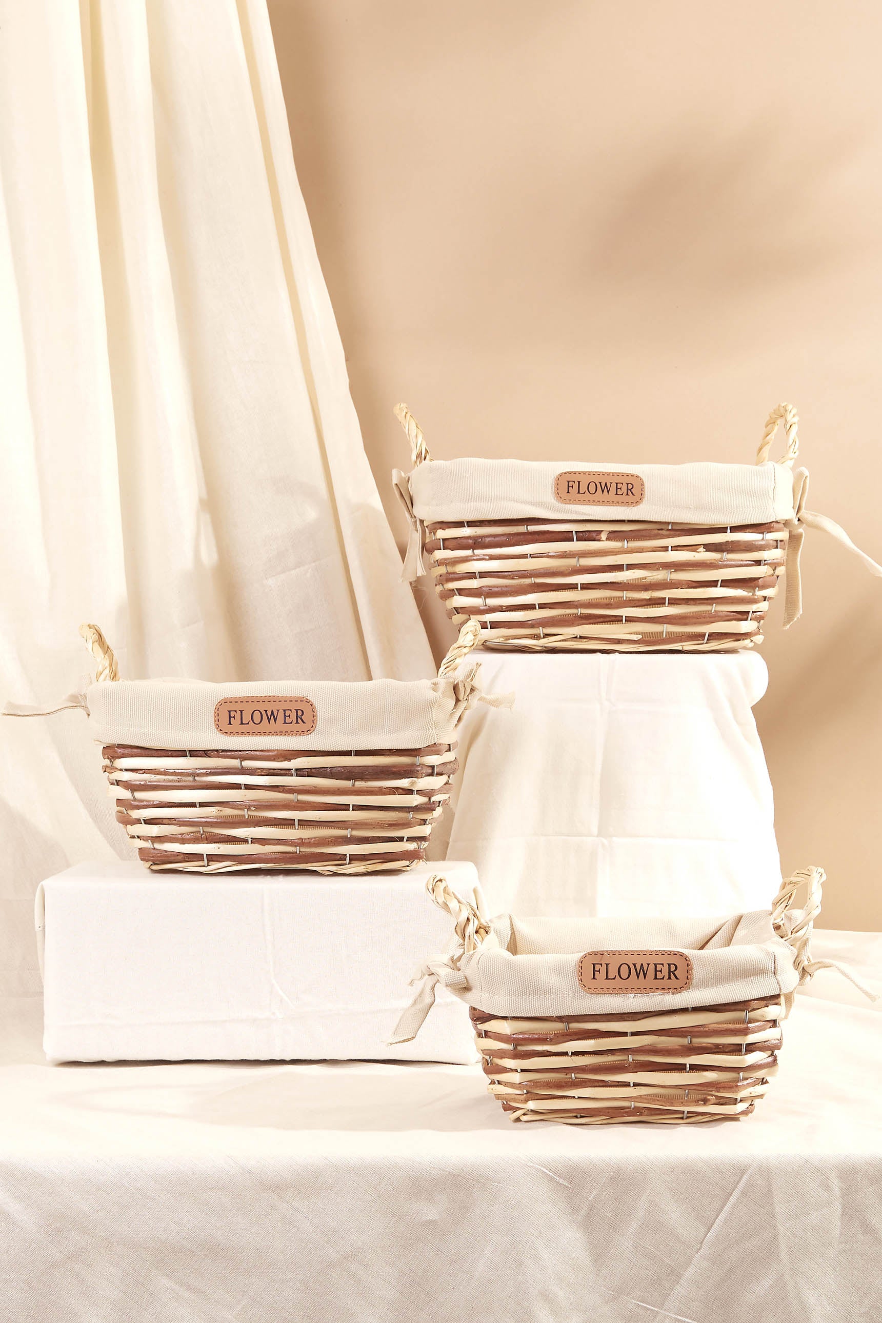 Brown & White Bread Basket - Set Of 3