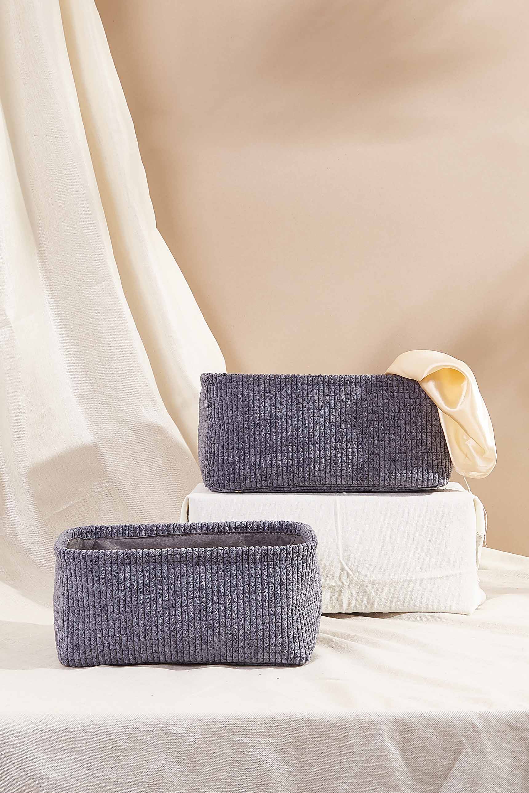 Ribbed Grey Velvet Basket - Set Of 2
