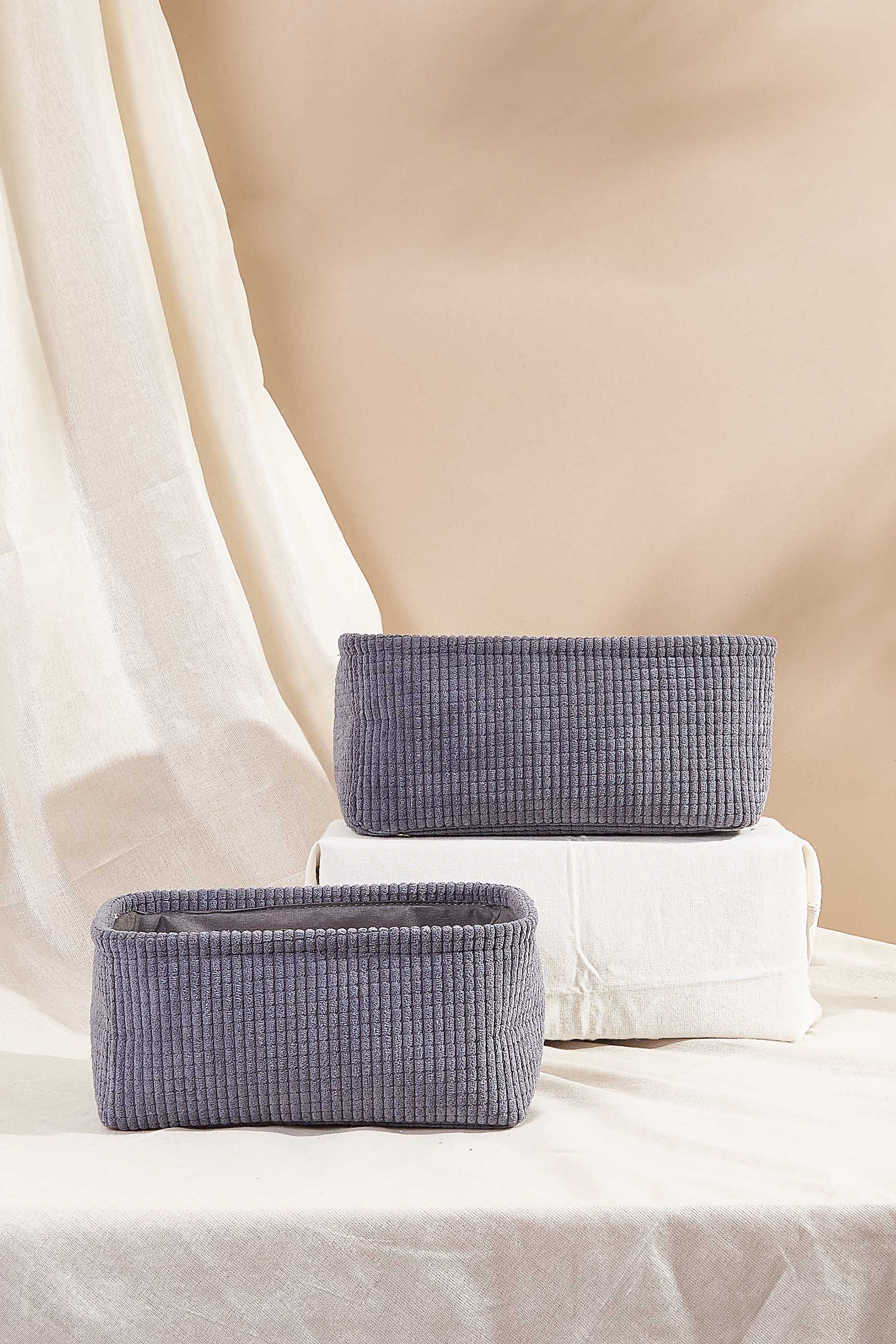 Ribbed Grey Velvet Basket - Set Of 2