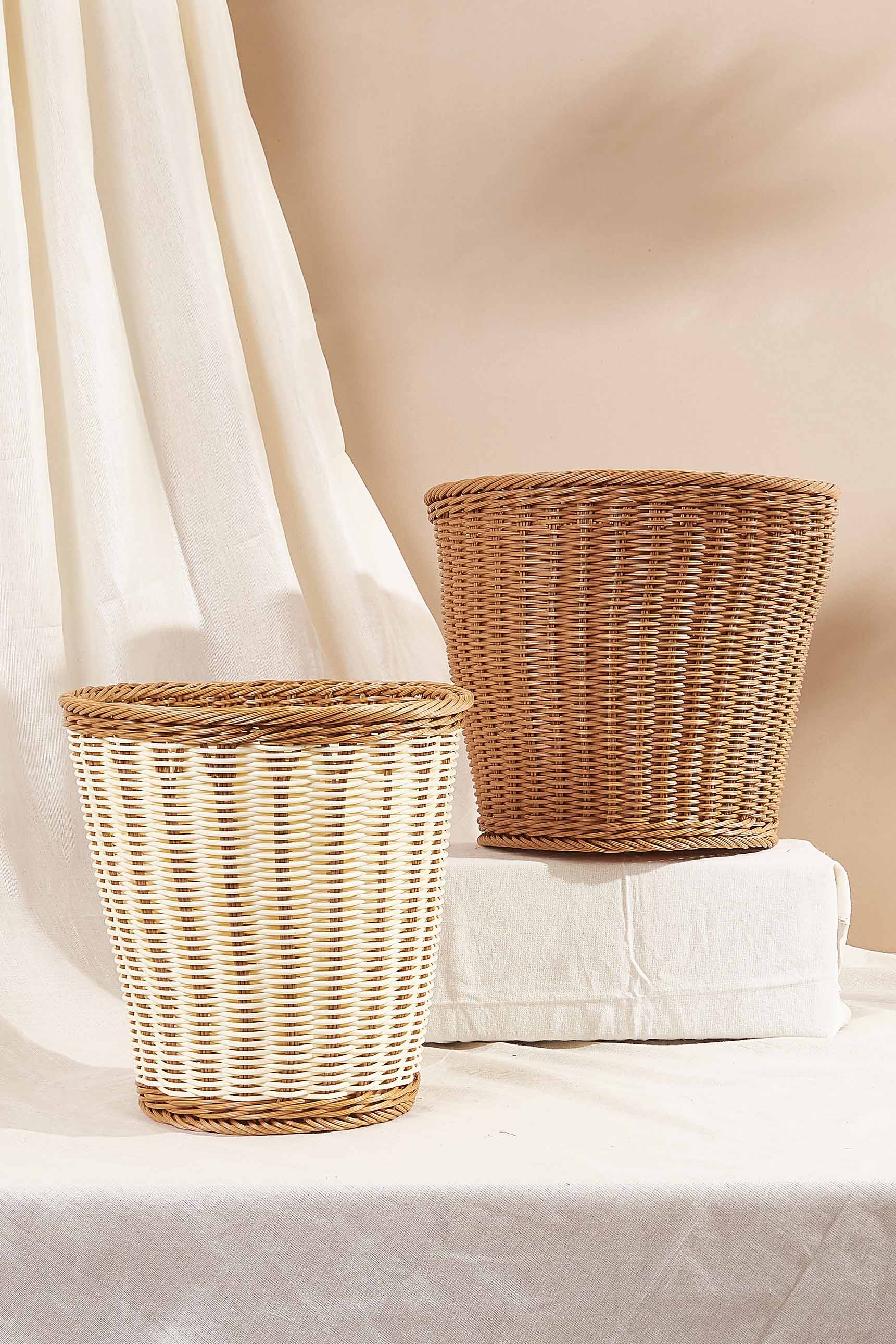 Plastic Rattan Brown & White Dustbin - Small
