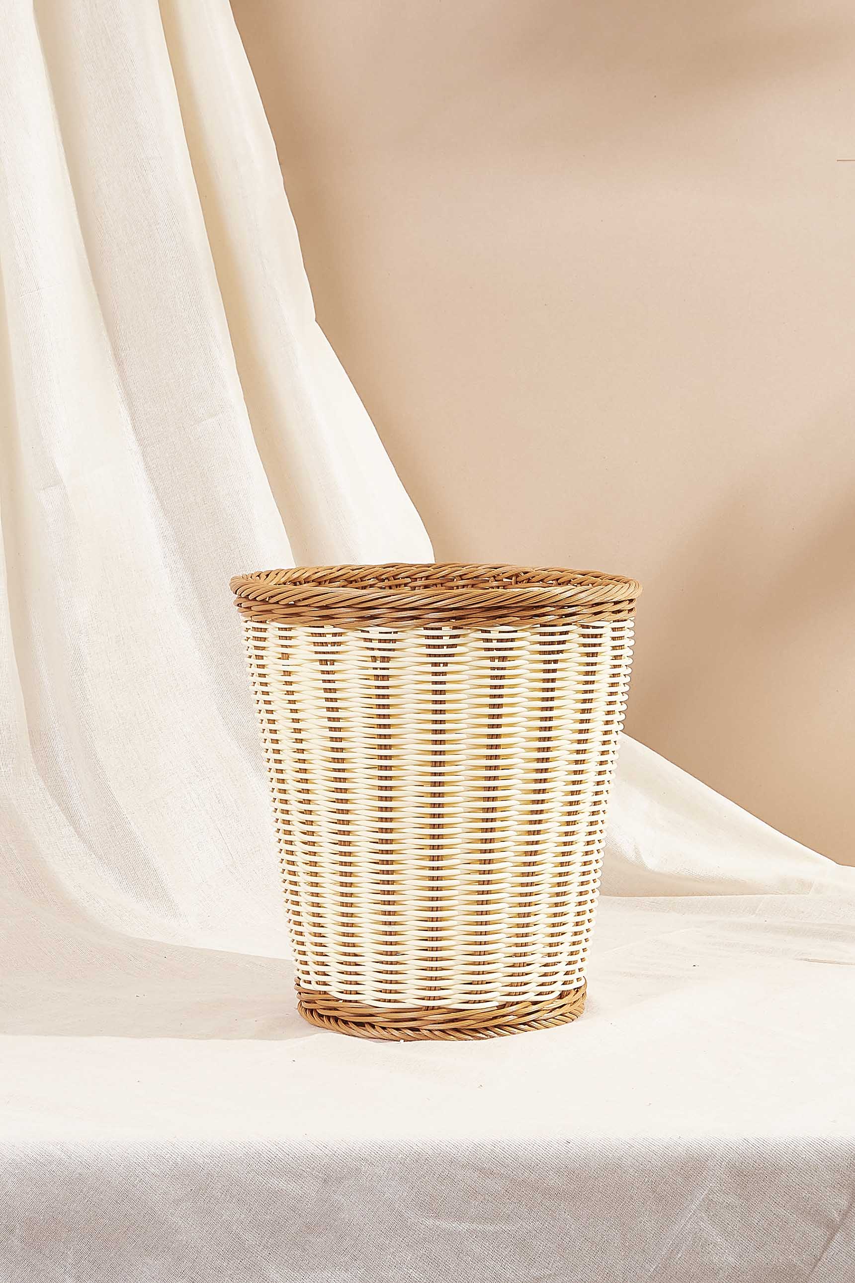 Plastic Rattan Brown & White Dustbin - Small