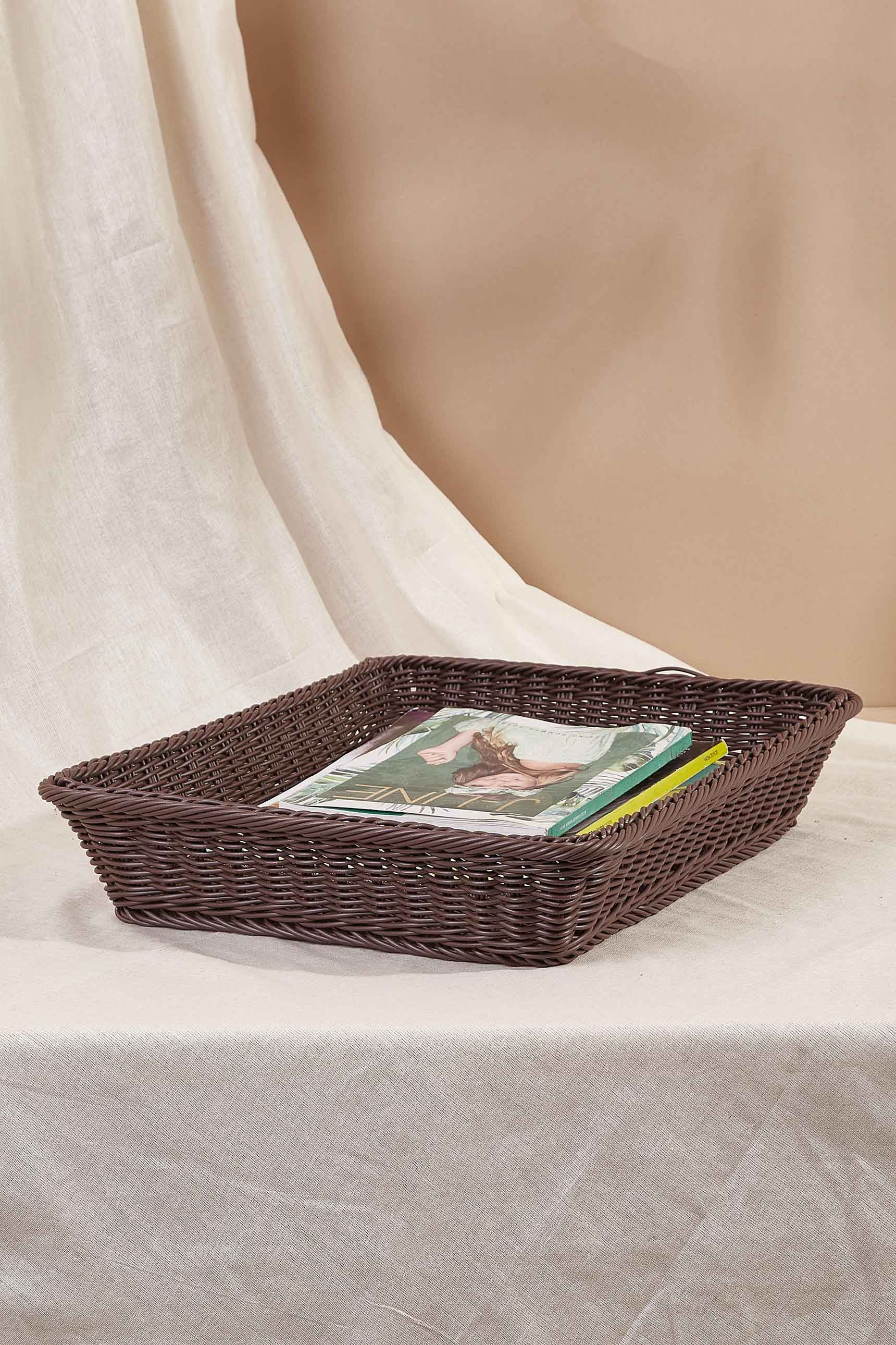 Brown Plastic Rattan Storage Tray - Large