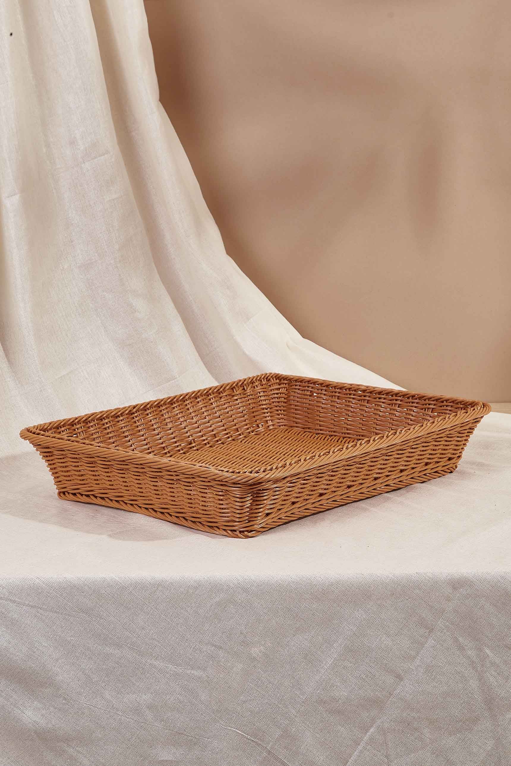 Tan Plastic Rattan Storage Tray - Large