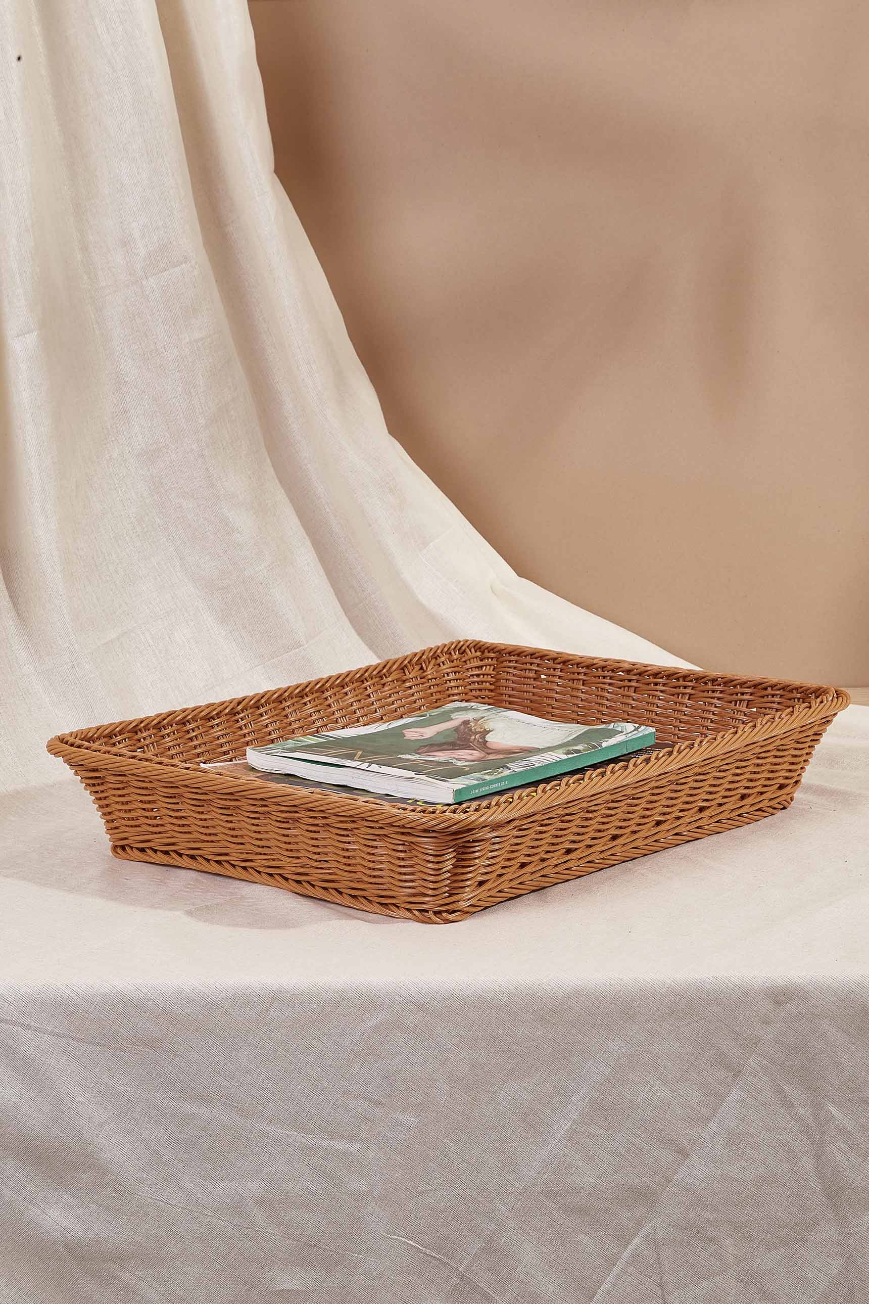 Tan Plastic Rattan Storage Tray - Large