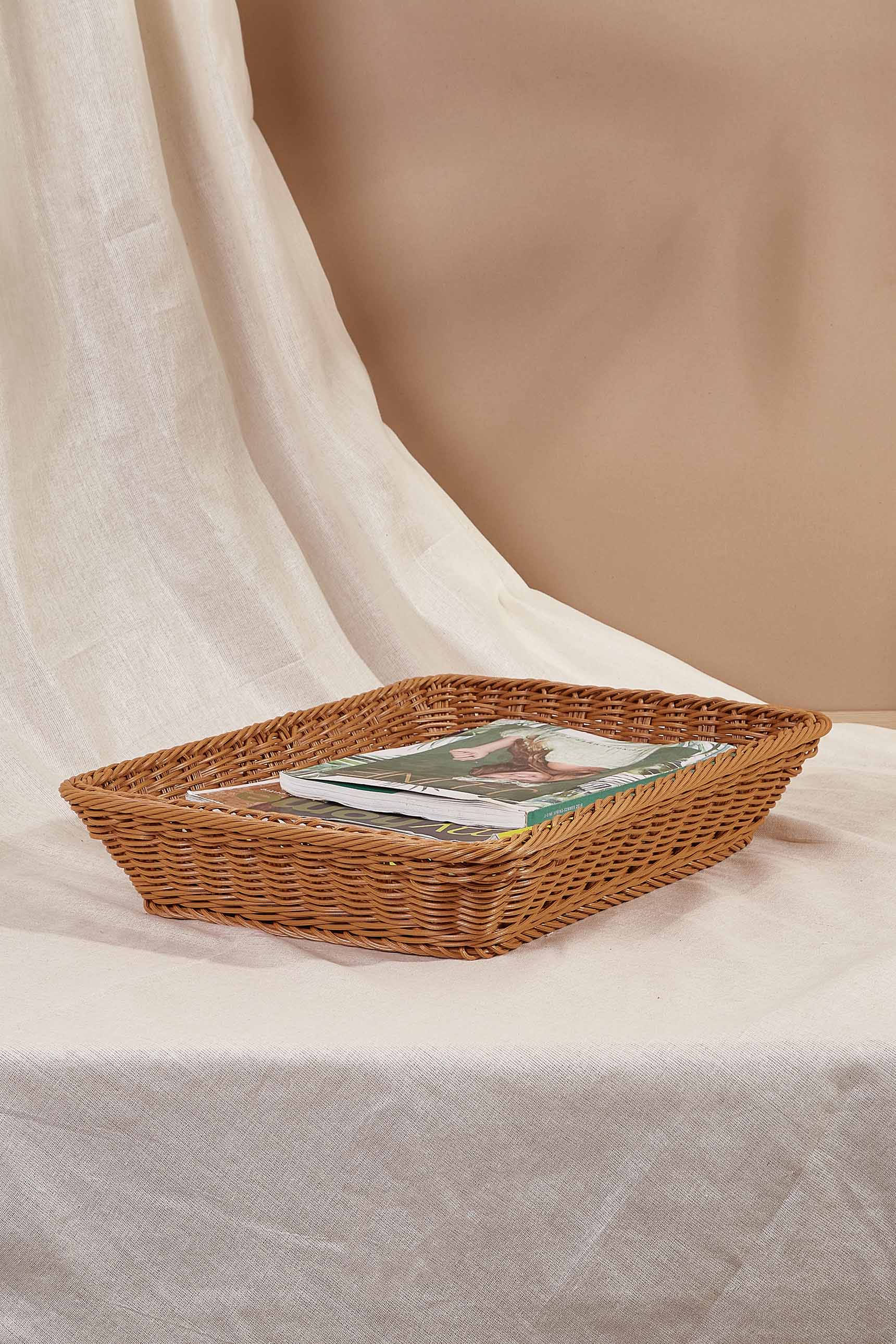 Tan Plastic Rattan Storage Tray - Medium