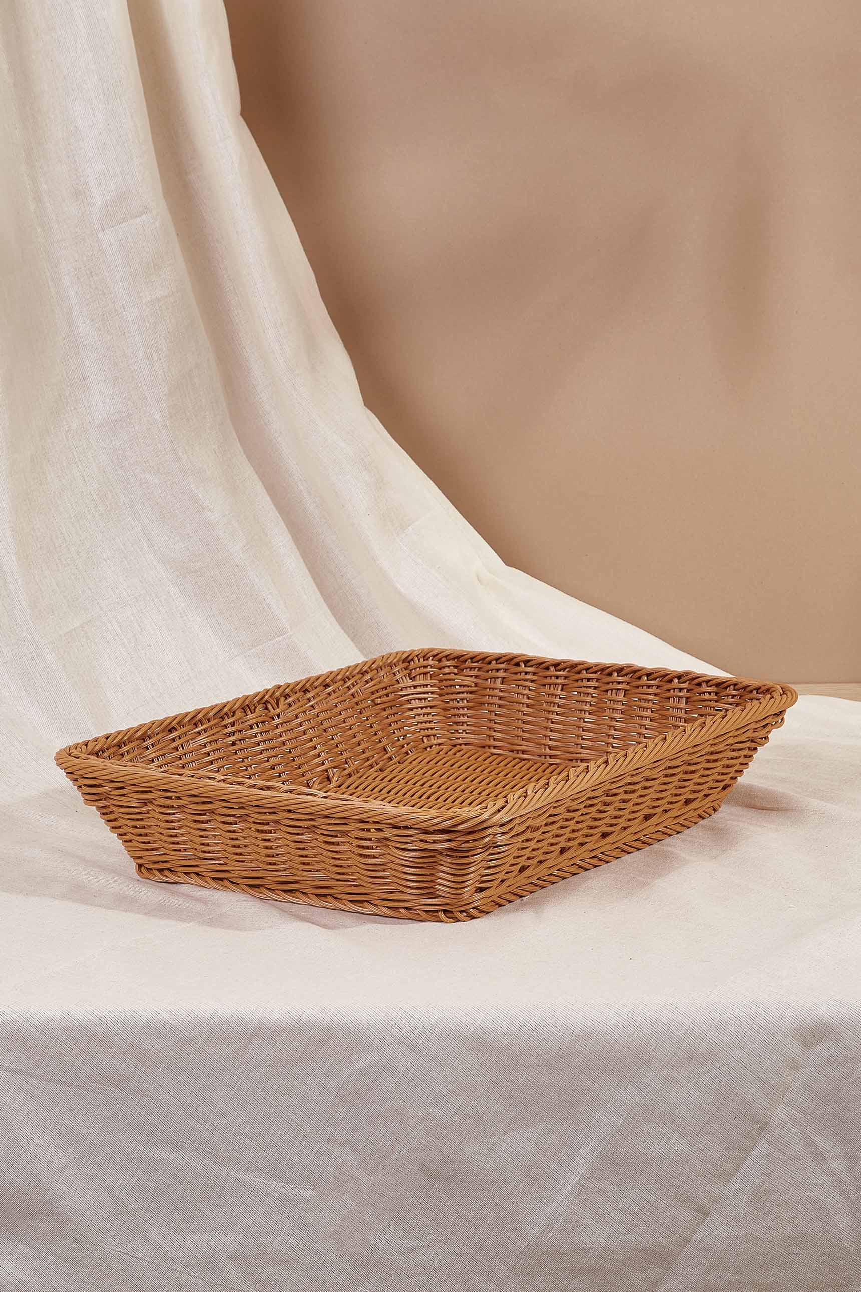 Tan Plastic Rattan Storage Tray - Medium