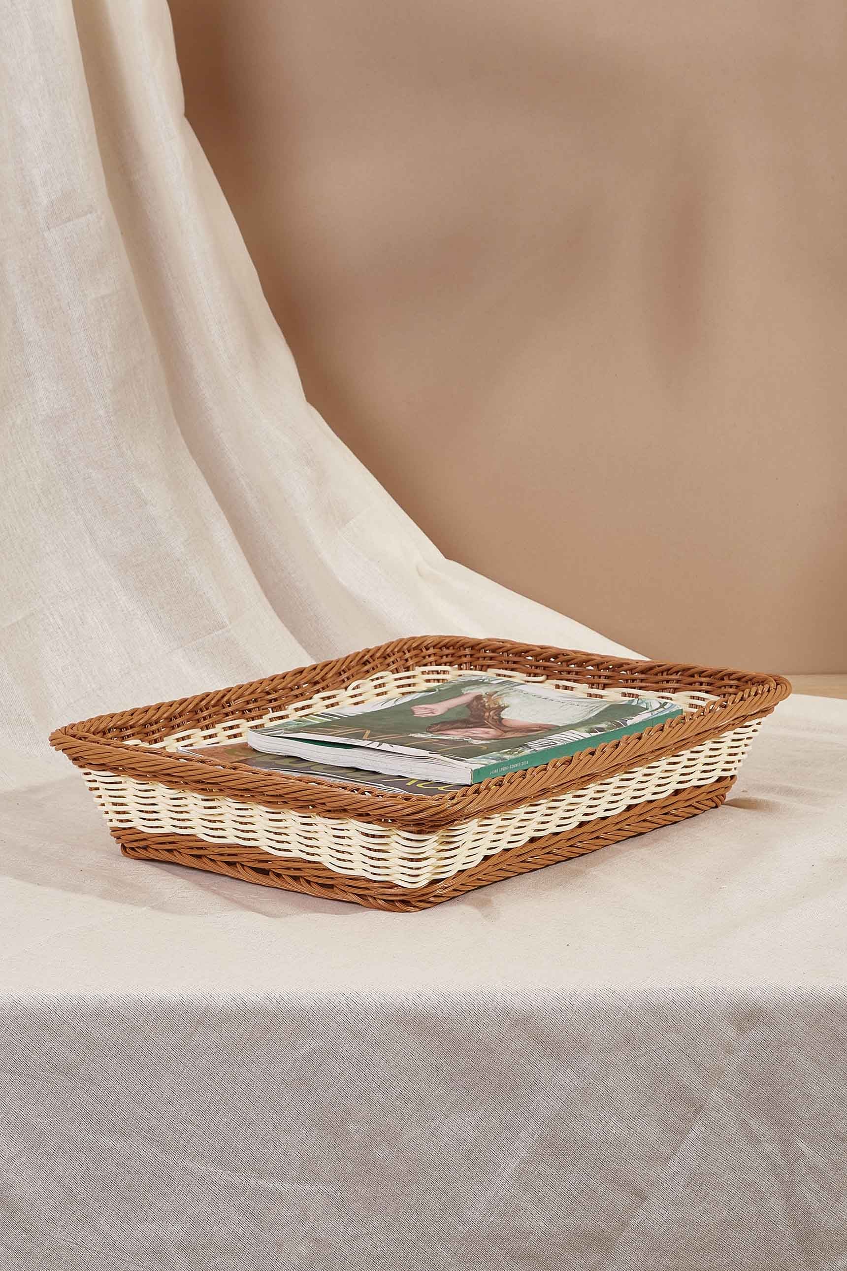 Tan & White Plastic Rattan Storage Tray - Medium