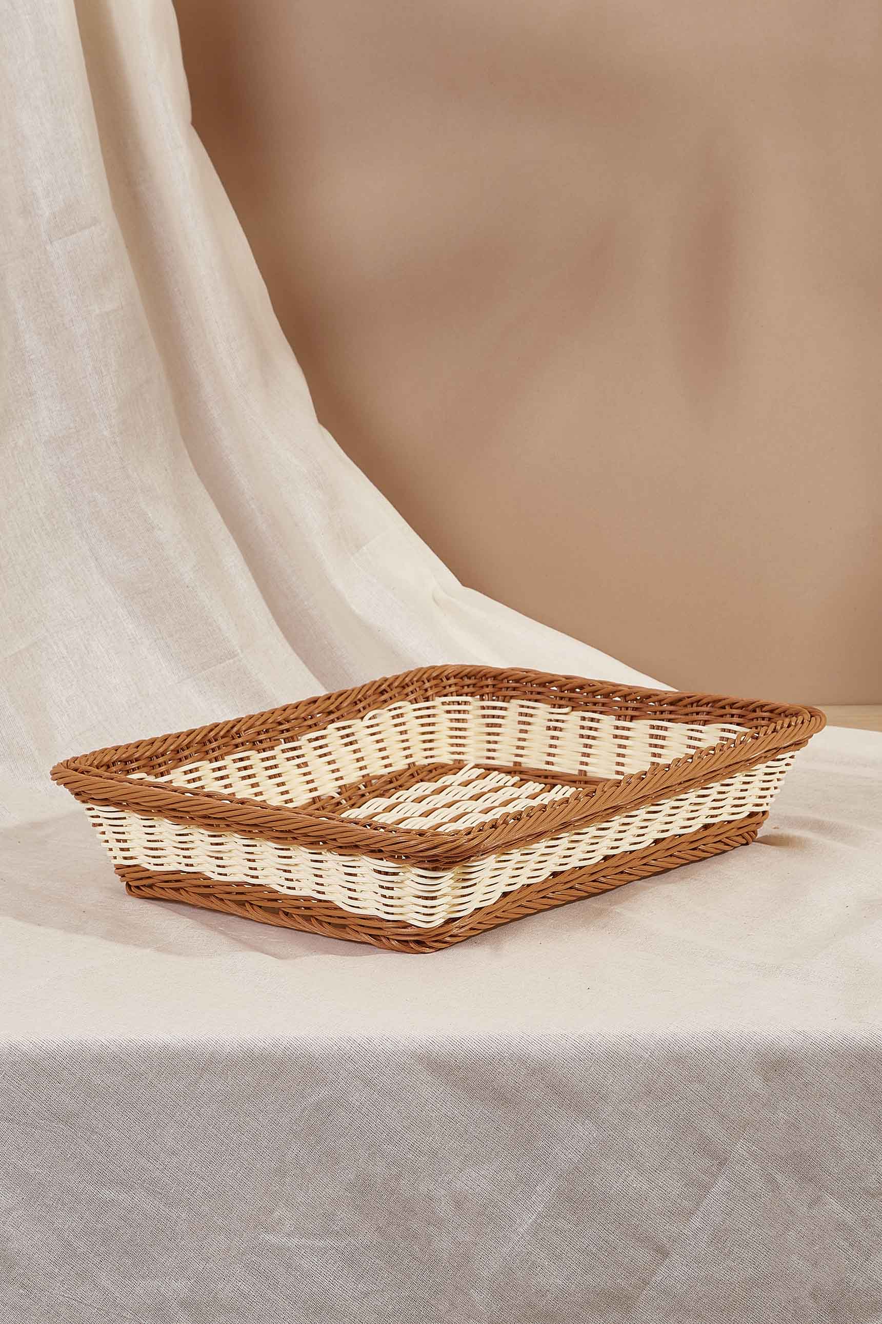 Tan & White Plastic Rattan Storage Tray - Medium