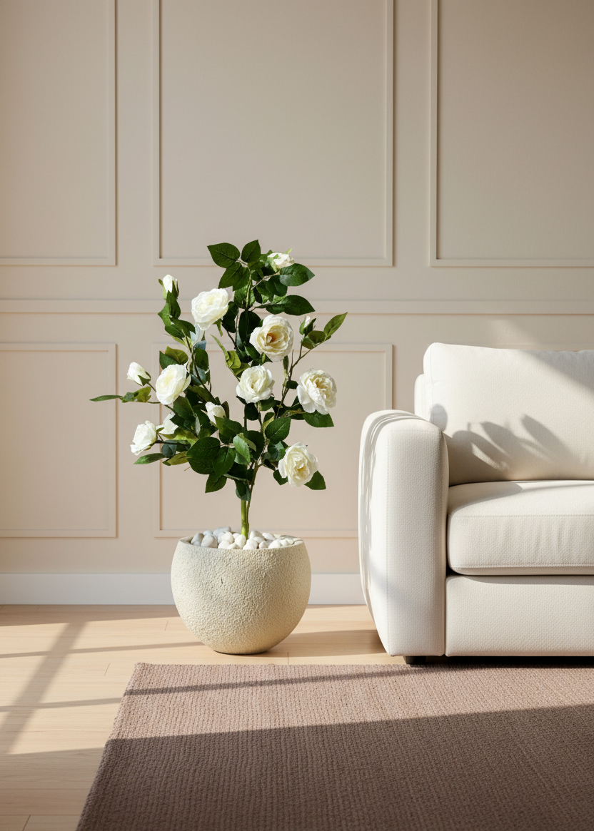 Artificial White Aurea Rose Plant - 3 Feet