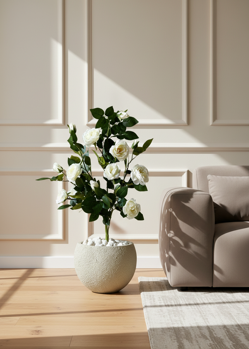 Artificial White Aurea Rose Plant - 3 Feet