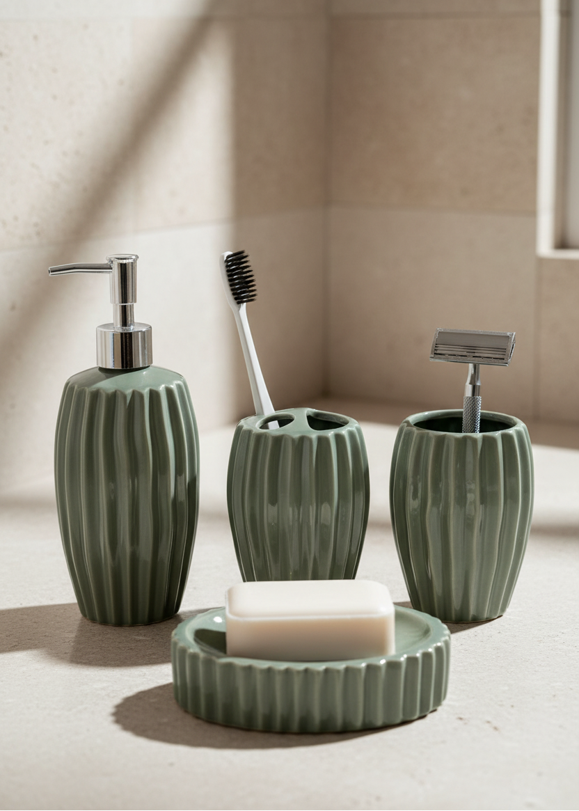 Ribbed Ceramic Bathroom Set - Sage Green