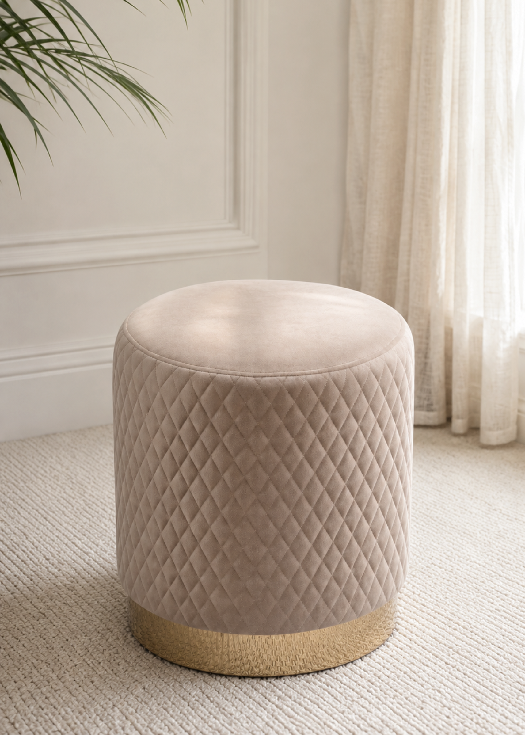 Alexandria Quilted Beige Velvet Pouffe