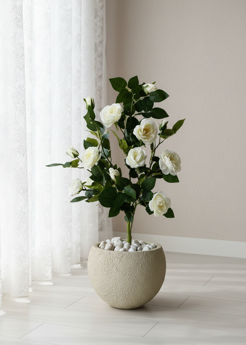 Artificial White Aurea Rose Plant - 3 Feet