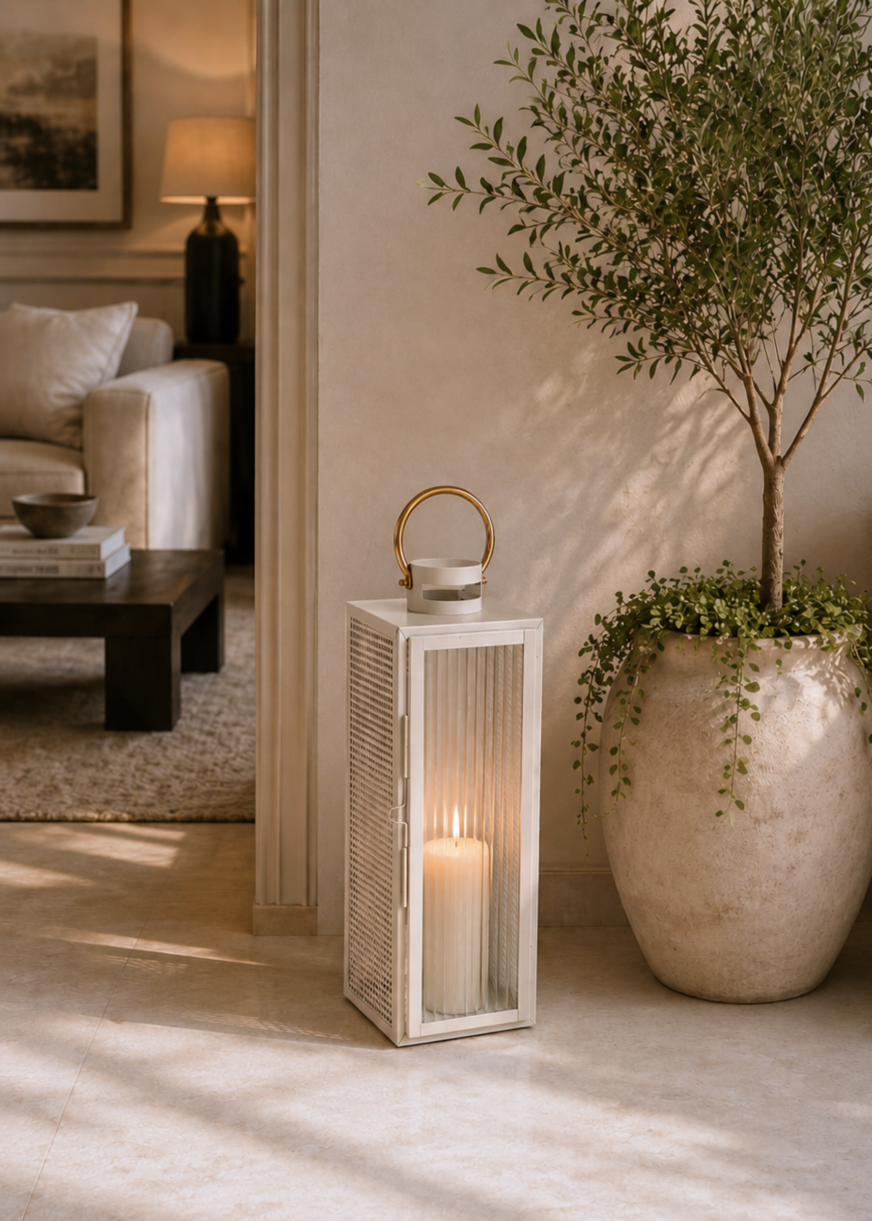 Vellora Beige & Gold Lantern - Large