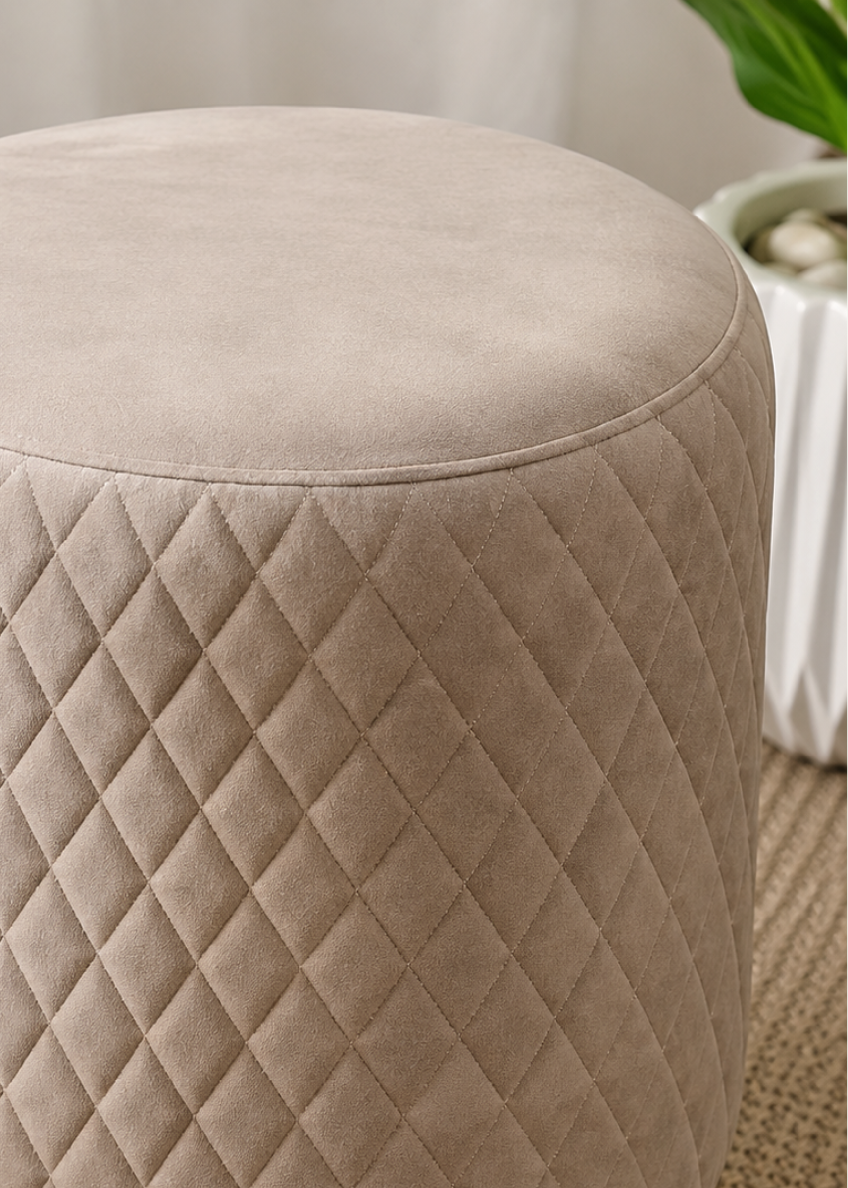 Alexandria Quilted Beige Velvet Pouffe
