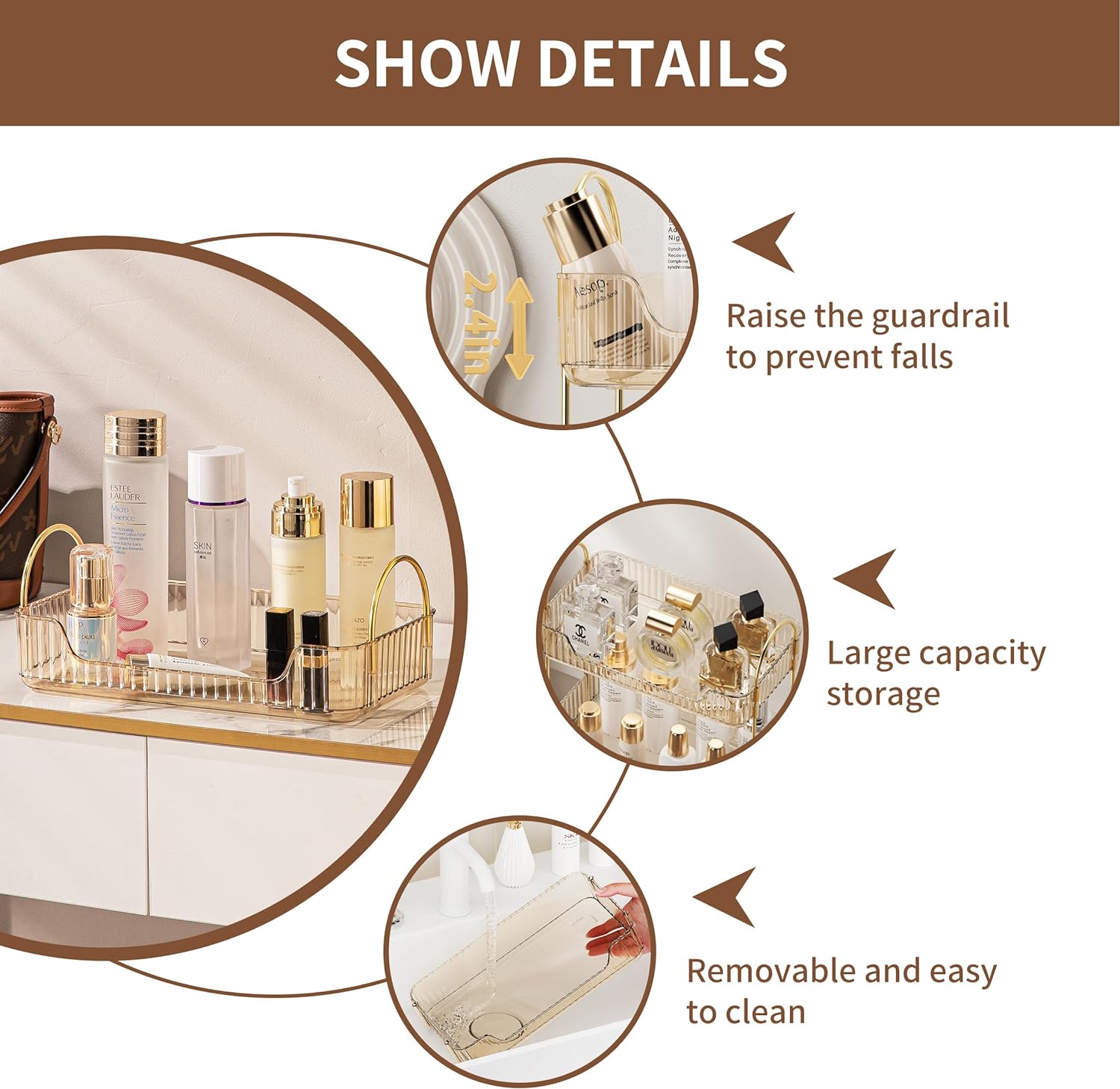 Countertop Cosmetics Storage Tray - Amber