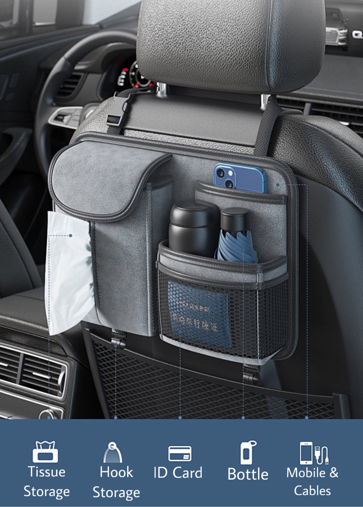 Car Back Seat Organizer - Grey