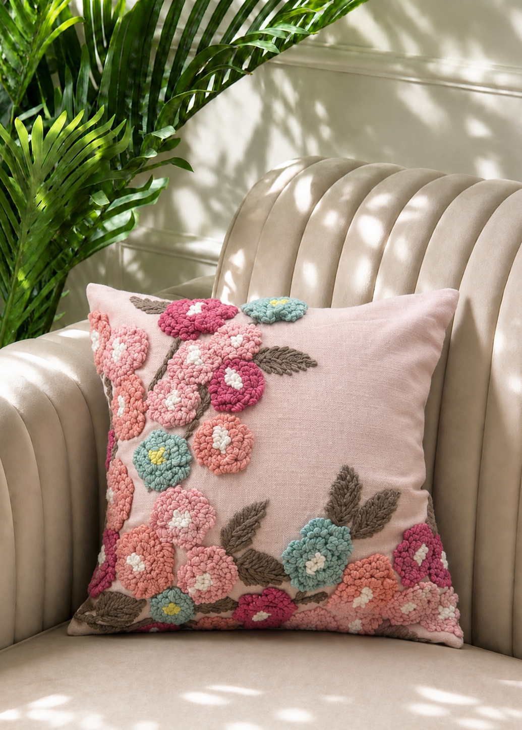 Pink Embroidered Floral Cushion Cover