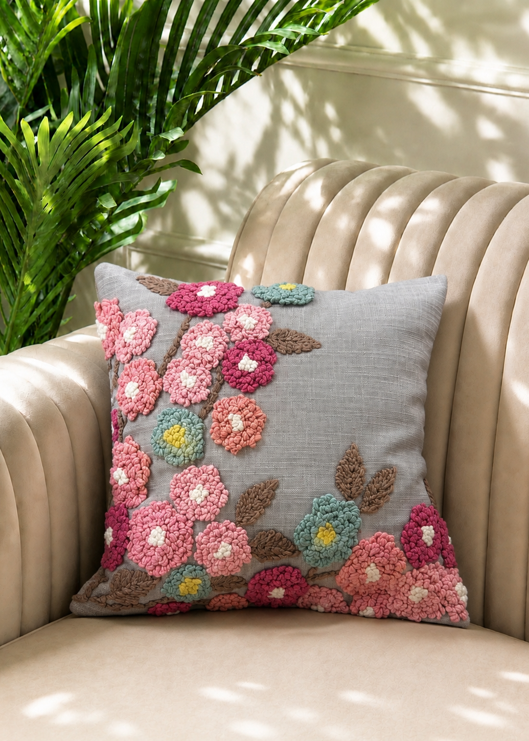 Grey Embroidered Floral Cushion Cover